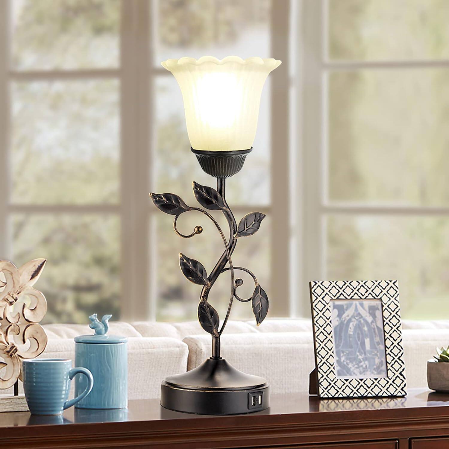 Alt View 4. FINEAK - Vintage Table Lamp with Touch Control & Dual USB Charging - 1 Pack - Black + White Glass.