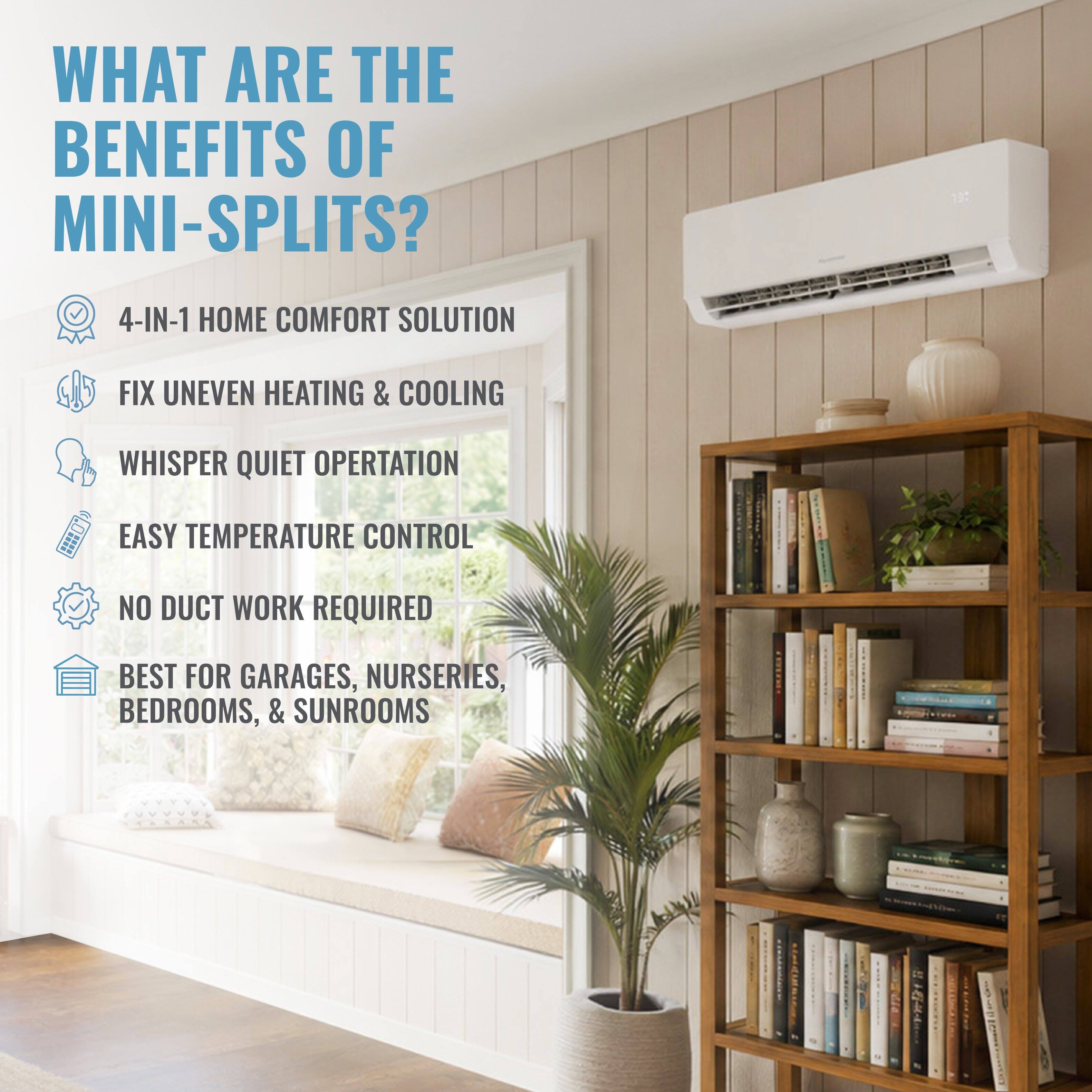 WHAT ARE THE BENEFITS OF MINI-SPLITS?  
4-IN-1 HOME COMFORT SOLUTION  
FIX UNEVEN HEATING & COOLING  
WHISPER QUIET OPERATION  
EASY TEMPERATURE CONTROL  
NO DUCT WORK REQUIRED  
BEST FOR GARAGES, NURSERIES, BEDROOMS, & SUNROOMS