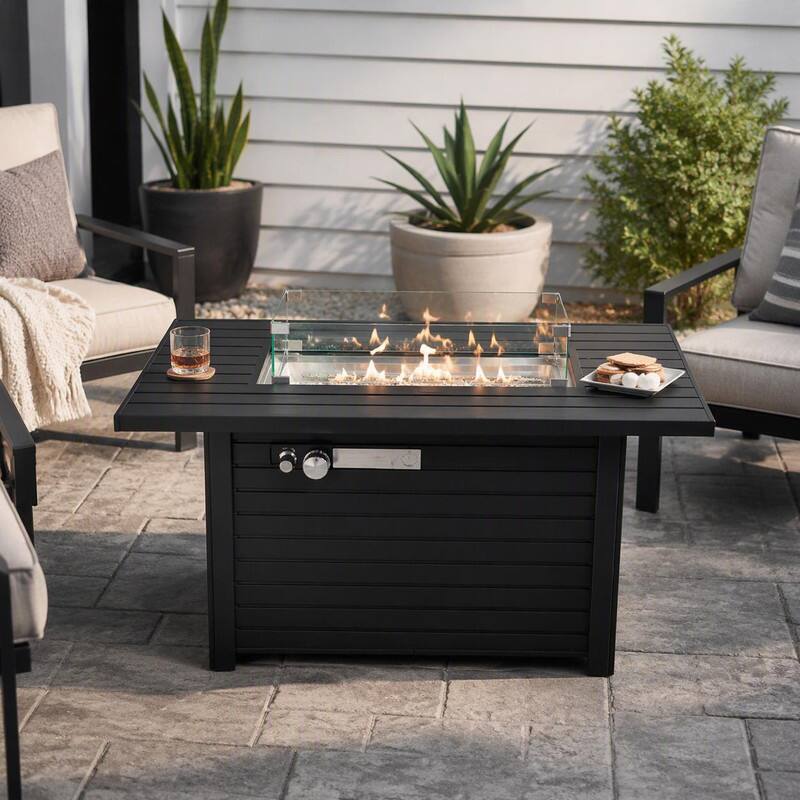 Left. RYHNUYNE - Black Steel Rectangular Outdoor Fire Pit Table with Lid - 42"W x 20" H Fire Table for Patio Backyard - Black.