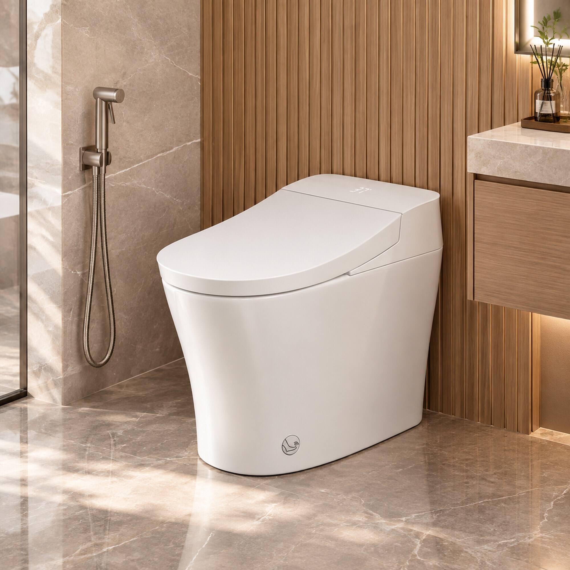 Angle. RYHNUYNE - One Piece Elongated Smart Bidet Toilet, Built-in Tank Instant Warm Water Heated Seat Power Outage Flush Child Mode - Milk White.