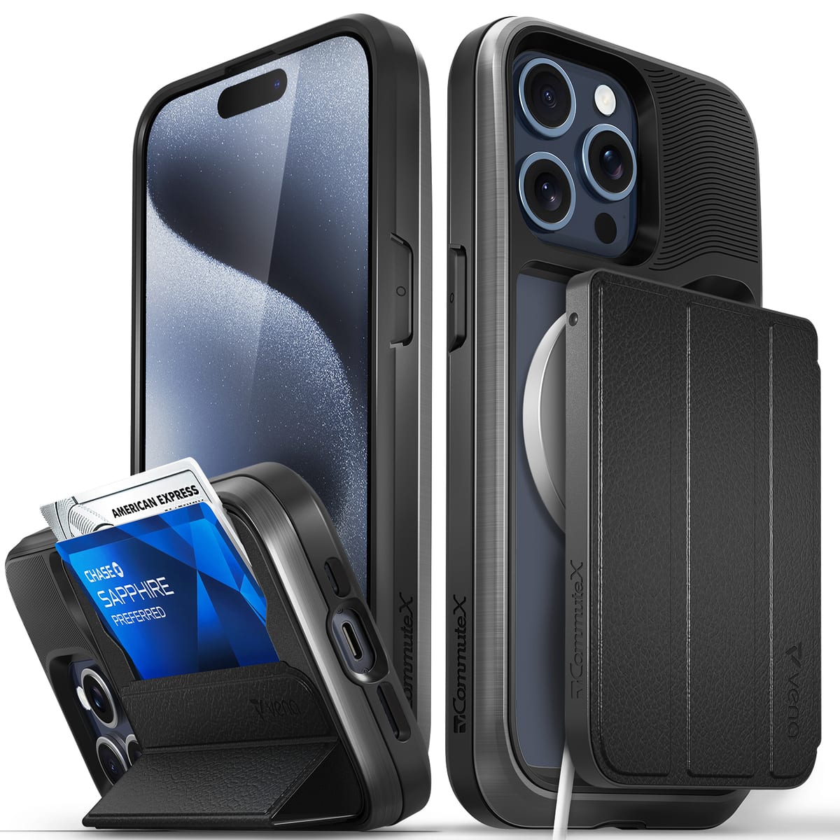 Vena - vCommuteX Wallet Case for Apple iPhone 15 Pro Max, Detachable Leather Cover Card Slot Holder Kickstand, Gray - Black