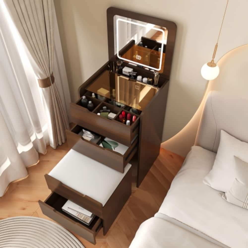 LUCKY ONE - 48cm 3-in-1 Vanity Desk with Flip Top Mirror, Glass Desktop, 3 Drawers and Stool - Walnut