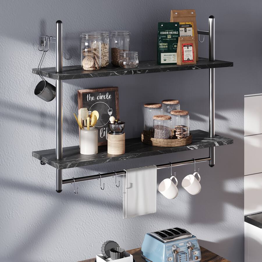 Float Bars Display Bestier 32 inch Industrial Pipe Floating Shelves, 2 Tier with 8 Hooks ...