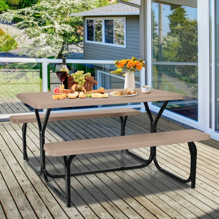 Angle. Mondawe - 72in Freestanding HDPE Picnic Table Set w/ Metal Base, Outdoor Dining Bench for Patio Garden, 1 Table 2 Benches - Coffee.