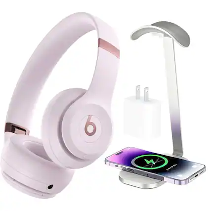 Front. Beats - Beats - Solo 4 True Wireless On-Ear Headphones - Cloud Pink + Power Adapter & Headphone Stand/Charging Pad.