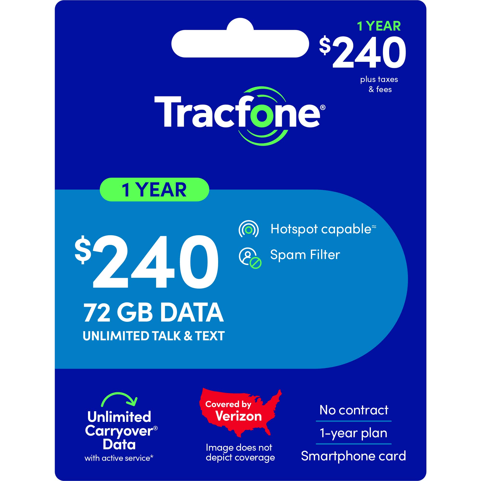 Tracfone - $240 Unlimited Talk & Text plus 72GB of Data 365-Day - Prepaid Plan [Digital]
