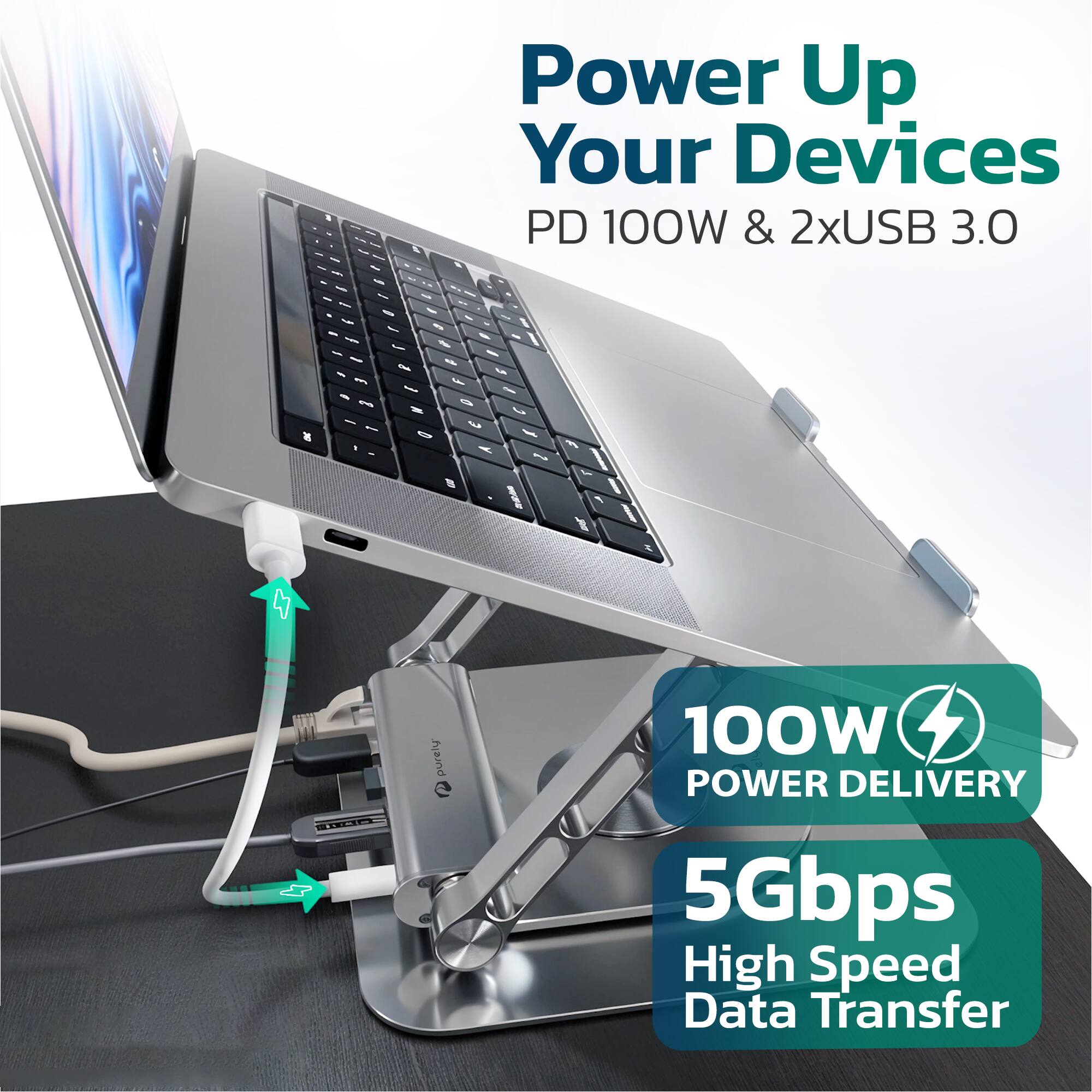 Power Up Your Devices  
PD 100W & 2xUSB 3.0  

100W POWER DELIVERY  
5Gbps High Speed Data Transfer