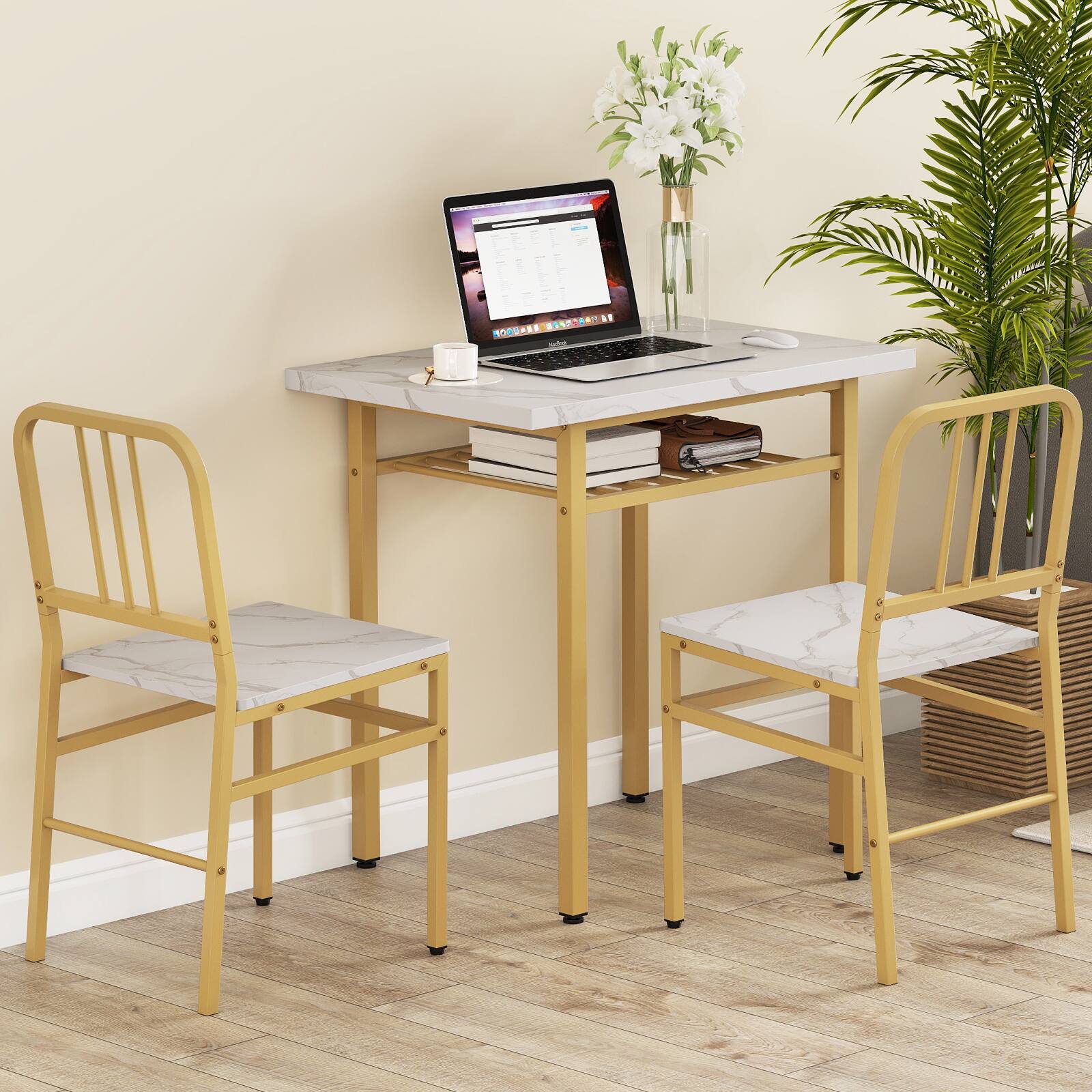 Alt View 1. Gymax - Gymax 3-Piece Rectangular Dining Table&Chairs Set Wooden Breakfast Nook w/Storage Rack White & Gold - White.