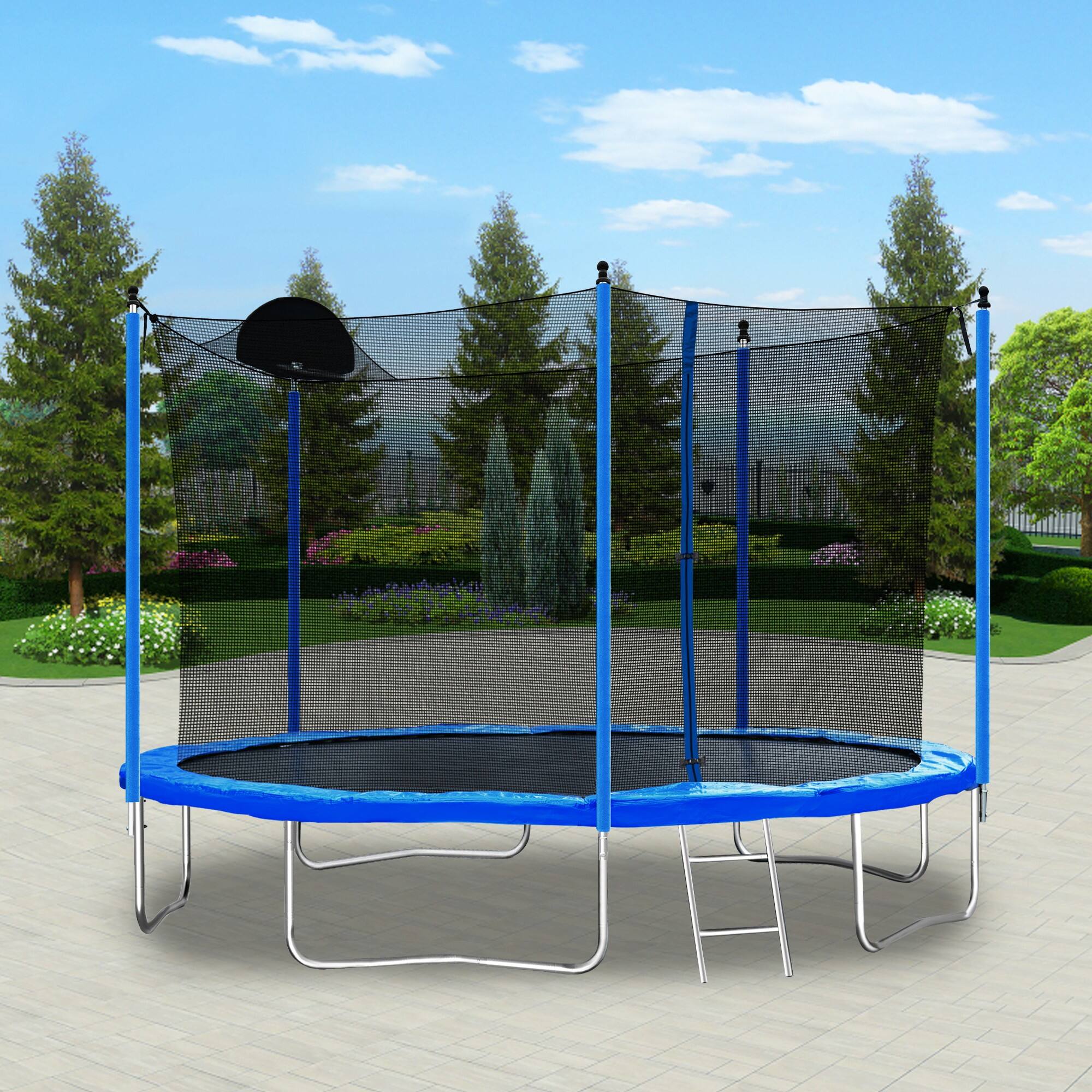 Alt View 3. Ecooso - 12FT Trampoline with Basketball Hoop: Safety Enclosure Net, Ladder, 70 Springs, 5 W-Legs, 200 lb Capacity - Blue.
