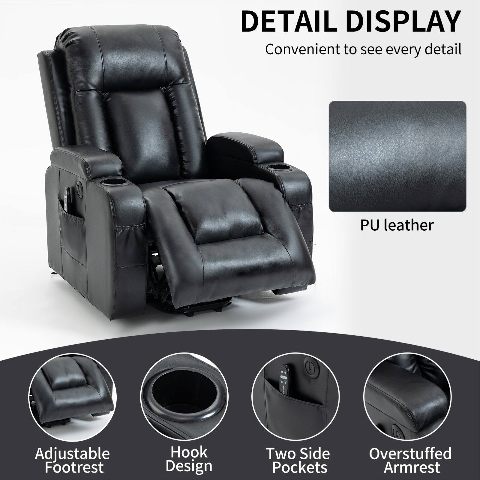 DETAIL DISPLAY: Convenient to see every detail PU leather Adjustable Footrest Hook Design Two Side Pockets Overstuffed Armrest