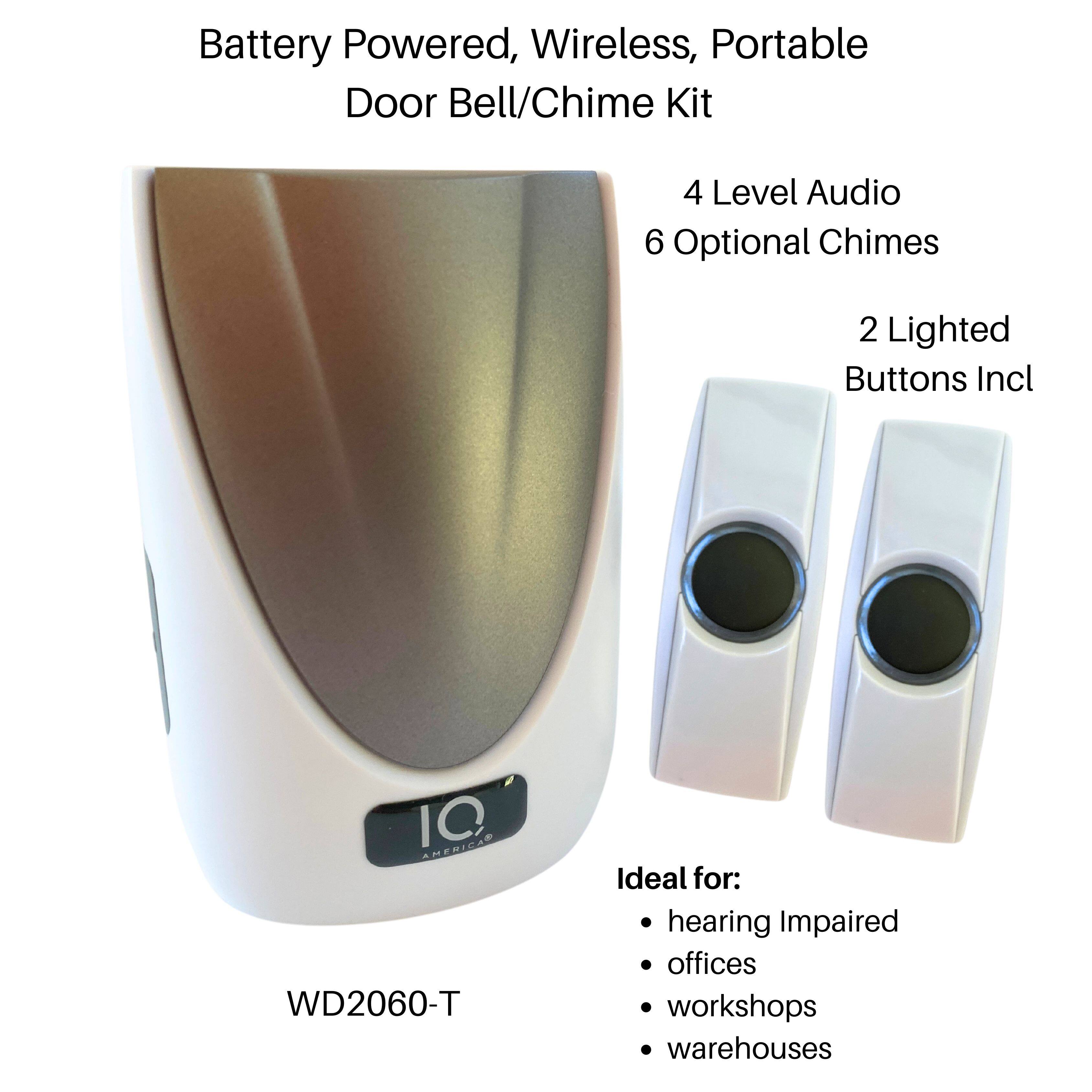 Battery Powered, Wireless, Portable Door Bell/Chime Kit 4 Level Audio 6 Optional Chimes 2 Lighted Buttons Incl IQ anarco WD2060-T Ideal for: hearing Impaired offices workshops warehouses