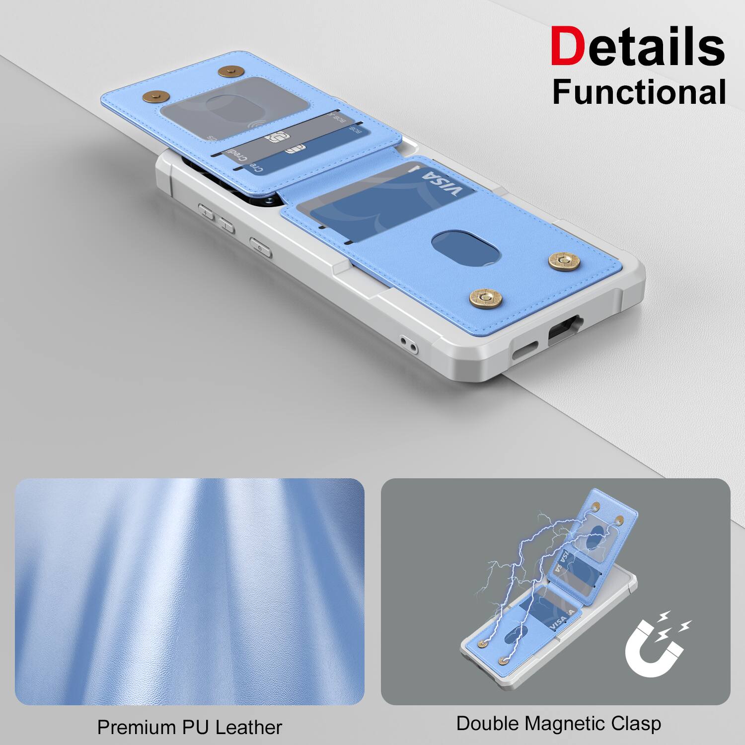 Details Functional

Premium PU Leather

Double Magnetic Clasp