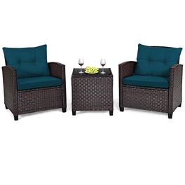 Gymax - Set of 3 Rattan Furniture Set Patio Cushioned Conversation Set Sofa - Peacock Blue