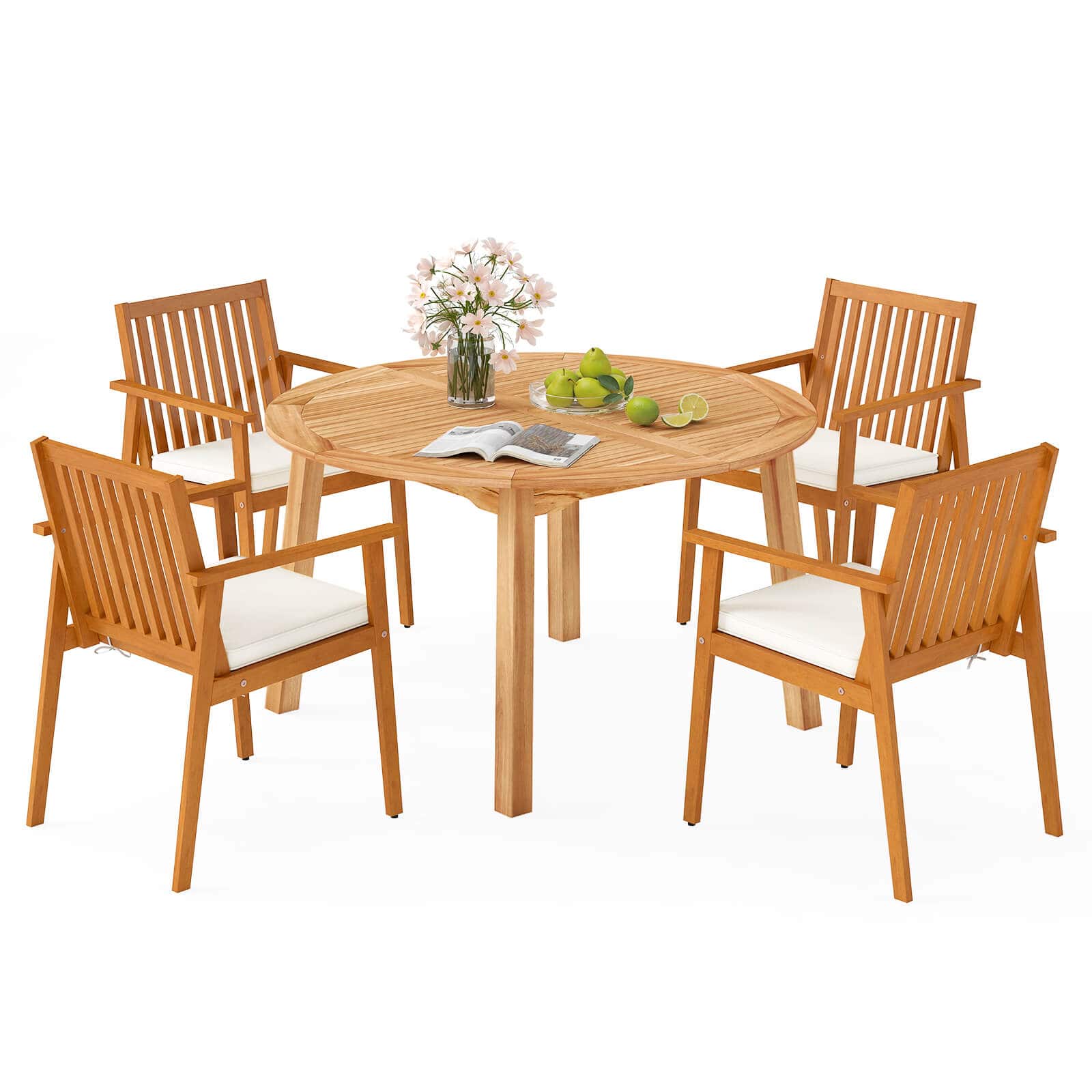 Costway - 5 PCS Acacia Wood Patio Dining Set with Umbrella Hole & Cushions for Deck, Garden - Natural