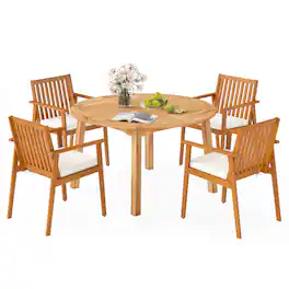 Costway - 5 PCS Acacia Wood Patio Dining Set with Umbrella Hole & Cushions for Deck, Garden - Natural