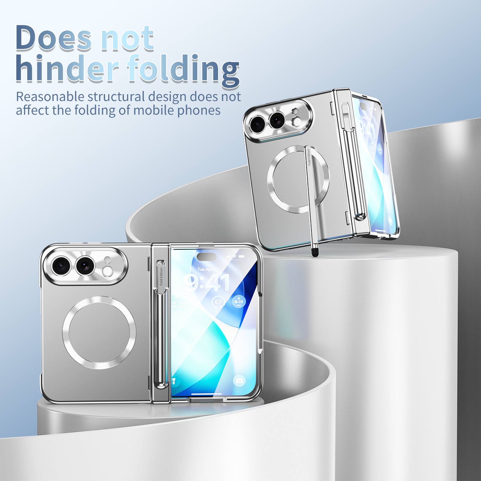 Does not hinder folding  
Reasonable structural design does not affect the folding of mobile phones  

Tue Apr 9:41  
Cloudy! 67 8:29  
L64 N 10.77