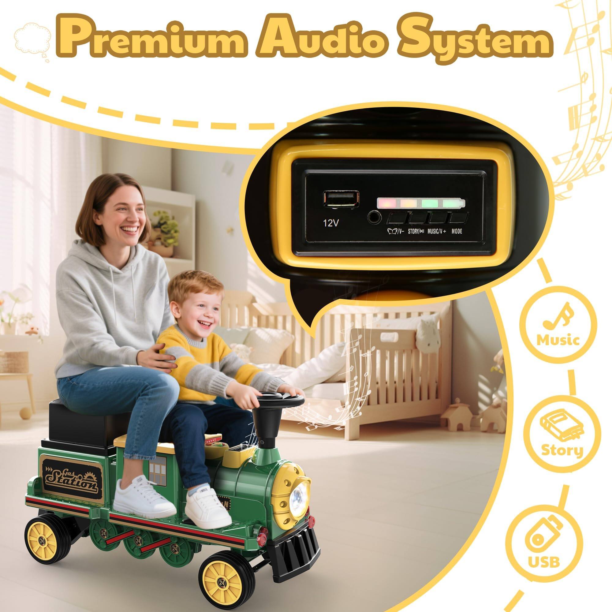 Premium Audio System

12V

DON- STORY MUSIC/V+ MODE

Music
"Station
Story
USB