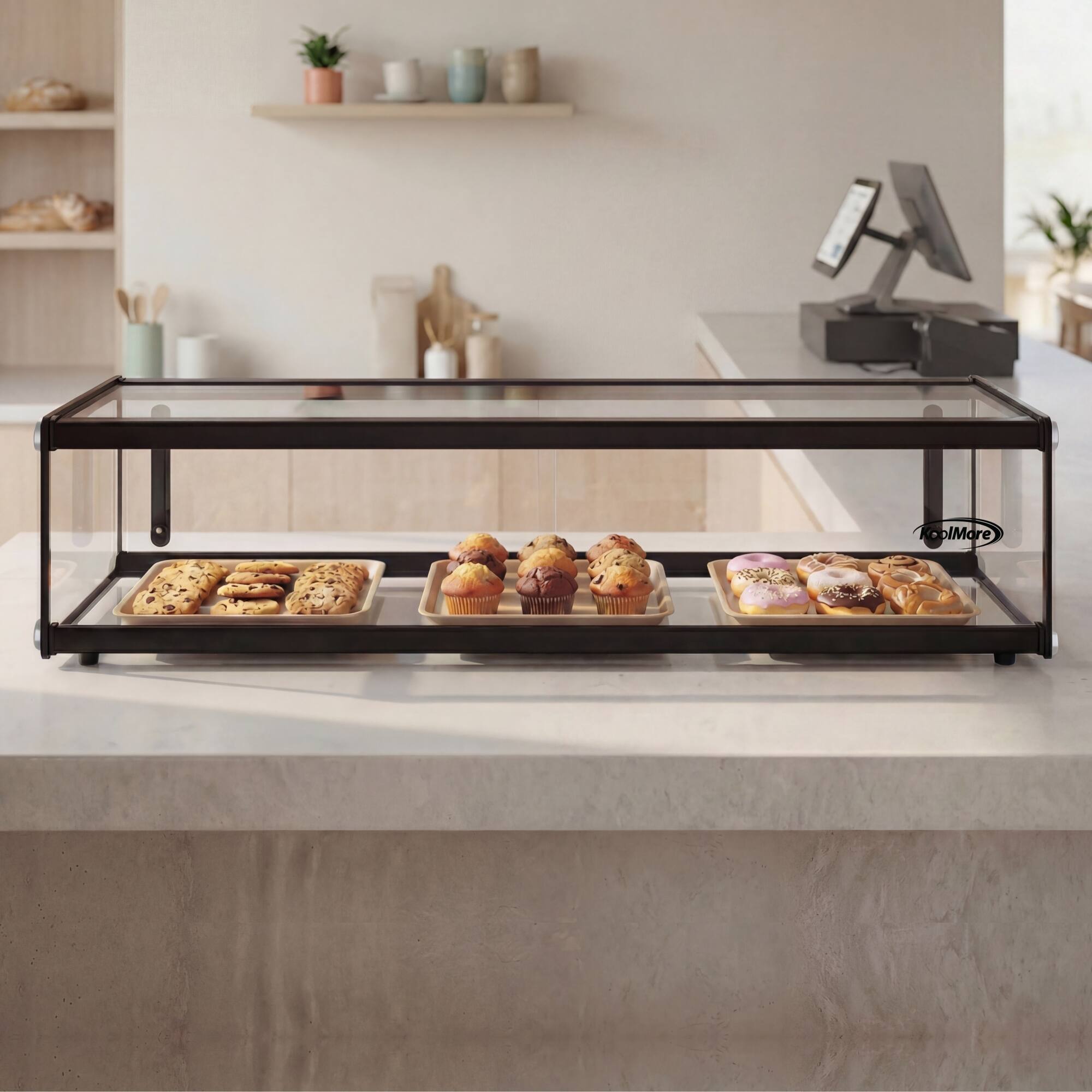 Left. Koolmore - 1.5 Cu Ft Slim  Flat Dry  Bakery Display Case with  Black Aluminum Accents KM-DC-17SBK - Black.