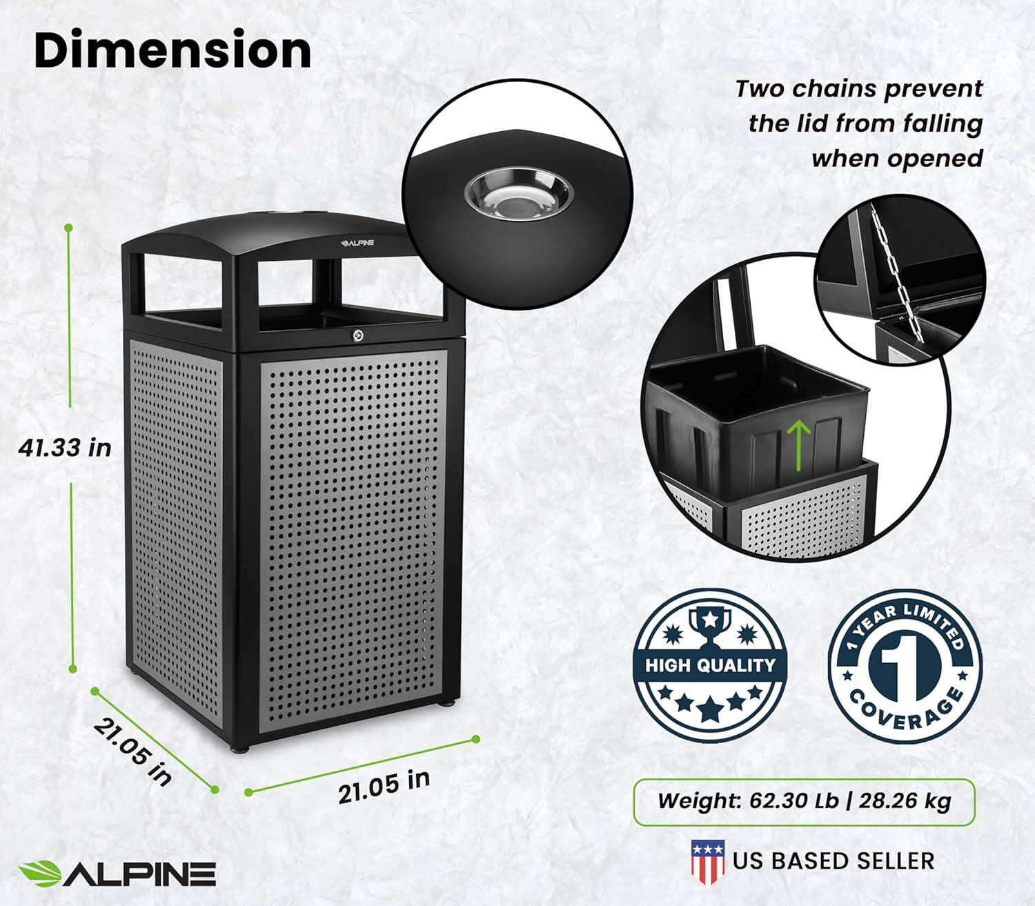 Dimension: 41.33 in x 21.05 in x 21.05 in

Two chains prevent the lid from falling when opened

High Quality

1 Year Limited Coverage

Weight: 62.30 Lb / 28.26 kg

US Based Seller