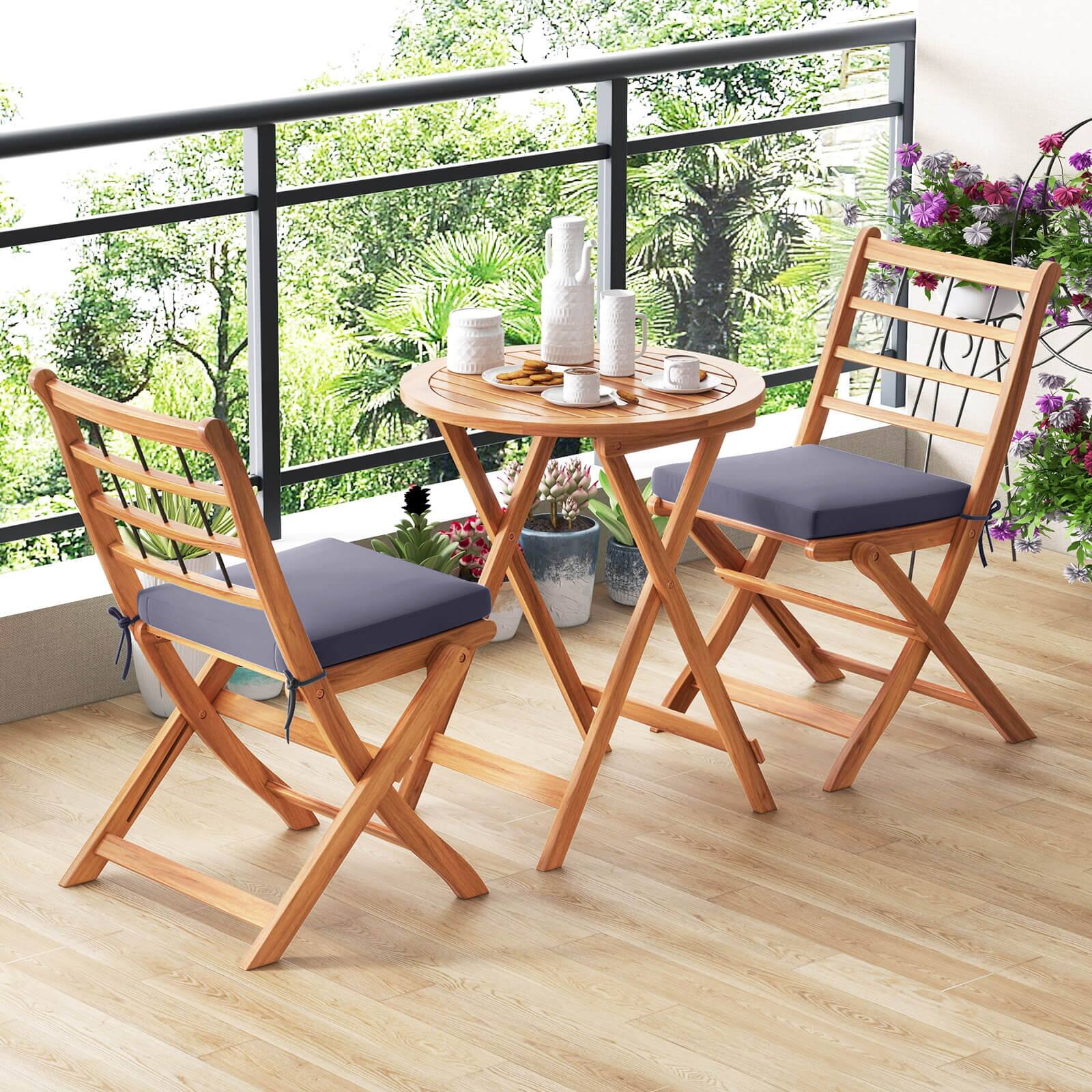 Alt View 4. Costway - 3 PCS Acacia Wood Patio Bistro Set Folding Table and Chairs Set with Cushions - Gray,Natural.