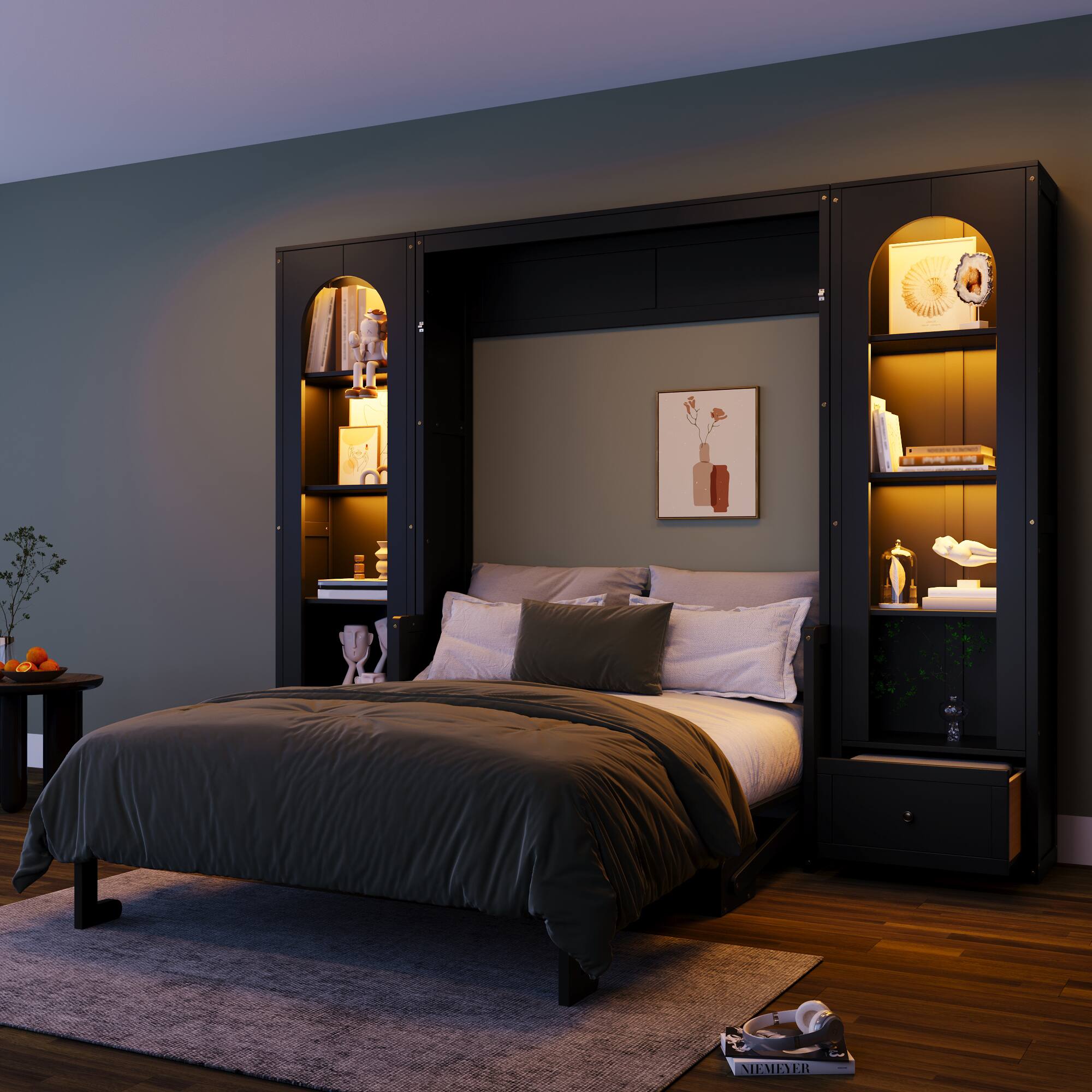 Left. Whisen - Queen Size Murphy Bed with Shelves, Storage Cabinets, Drawers & LED Lights, Wood Platform Bed - Black.