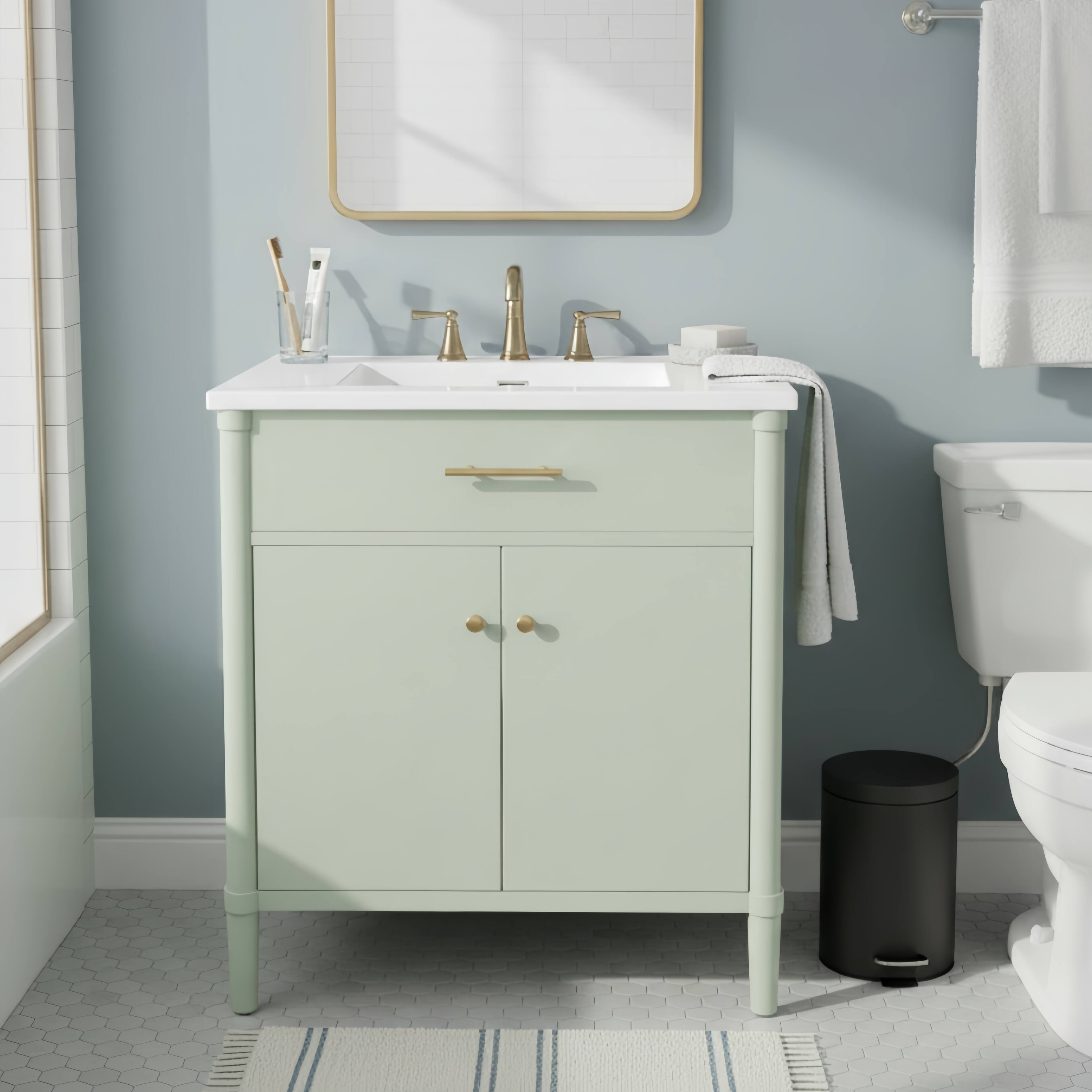 Left. Loheer - 2.6 ft Bathroom Vanity with Ceramic Sink, Soft Close Doors, Adjustable Shelf - Green.