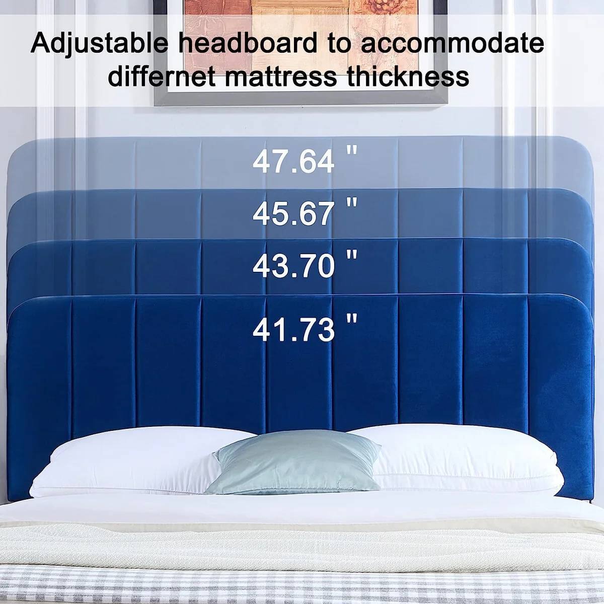 Adjustable headboard to accommodate differnet mattress thickness

47.64"
45.67"
43.70"
41.73"