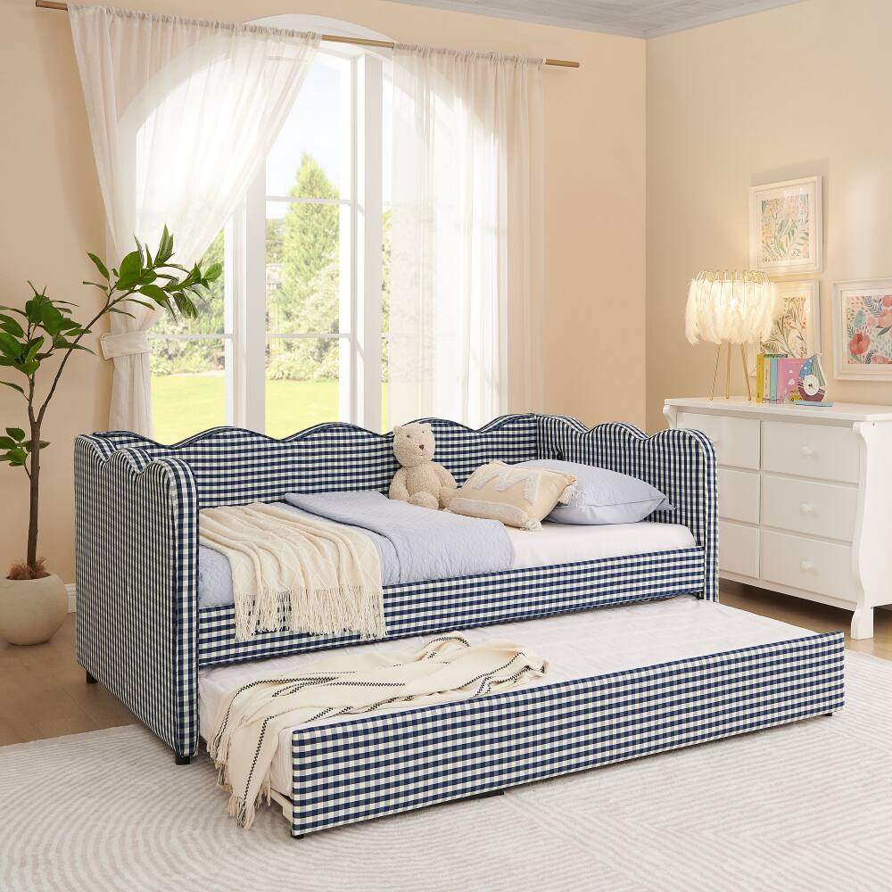 Left. JUJABU - Blue Cozy Gingham Daybed with Twin Size Trundle No Box Spring Needed, with USB Port and Adorable Wave Shaped - Blue.