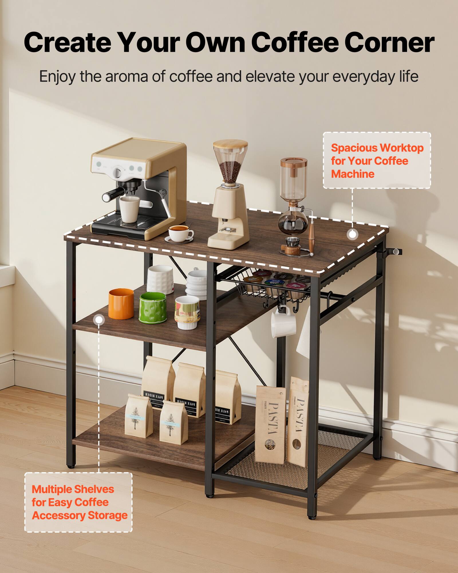 Create Your Own Coffee Corner  
Enjoy the aroma of coffee and elevate your everyday life  

Spacious Worktop for Your Coffee Machine  

Multiple Shelves for Easy Coffee Accessory Storage