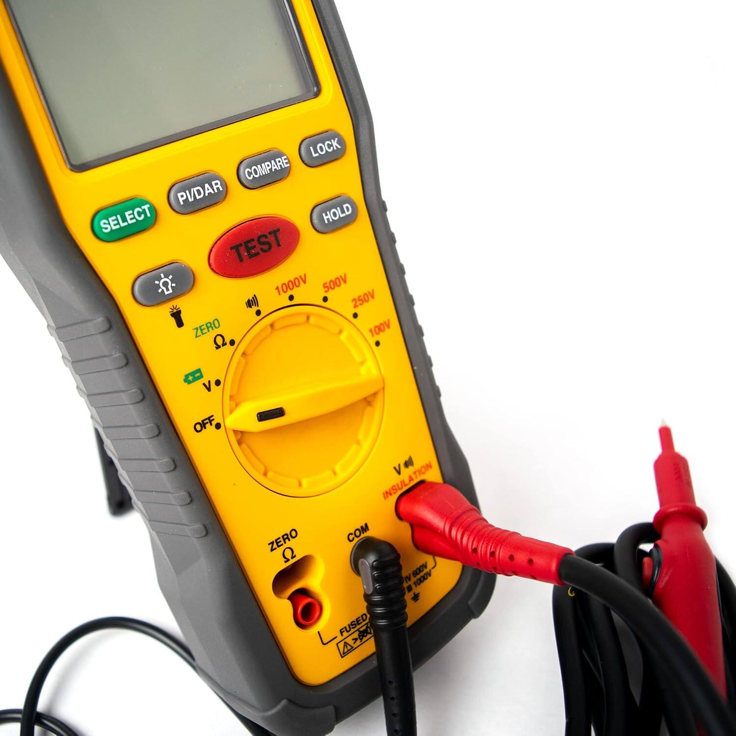 LOCK COMPARE PI/DAR SELECT HOLD TEST 1000V 500V 250V . ZERO D. 100V OFF INSULATION V# ZERO COM n 600V 1000V - L FUSED >500 A
