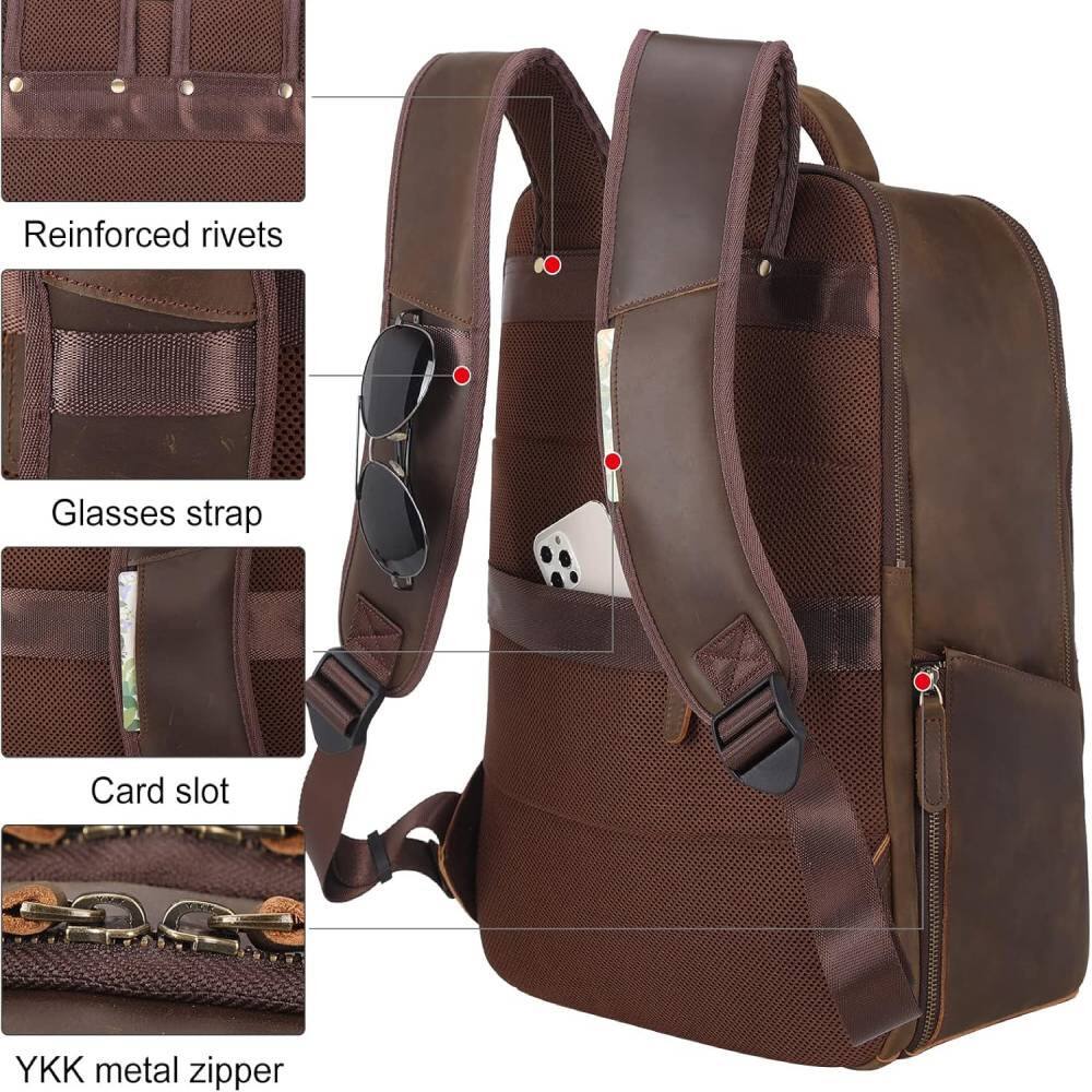 - Reinforced rivets
- Glasses strap
- Card slot
- YKK metal zipper