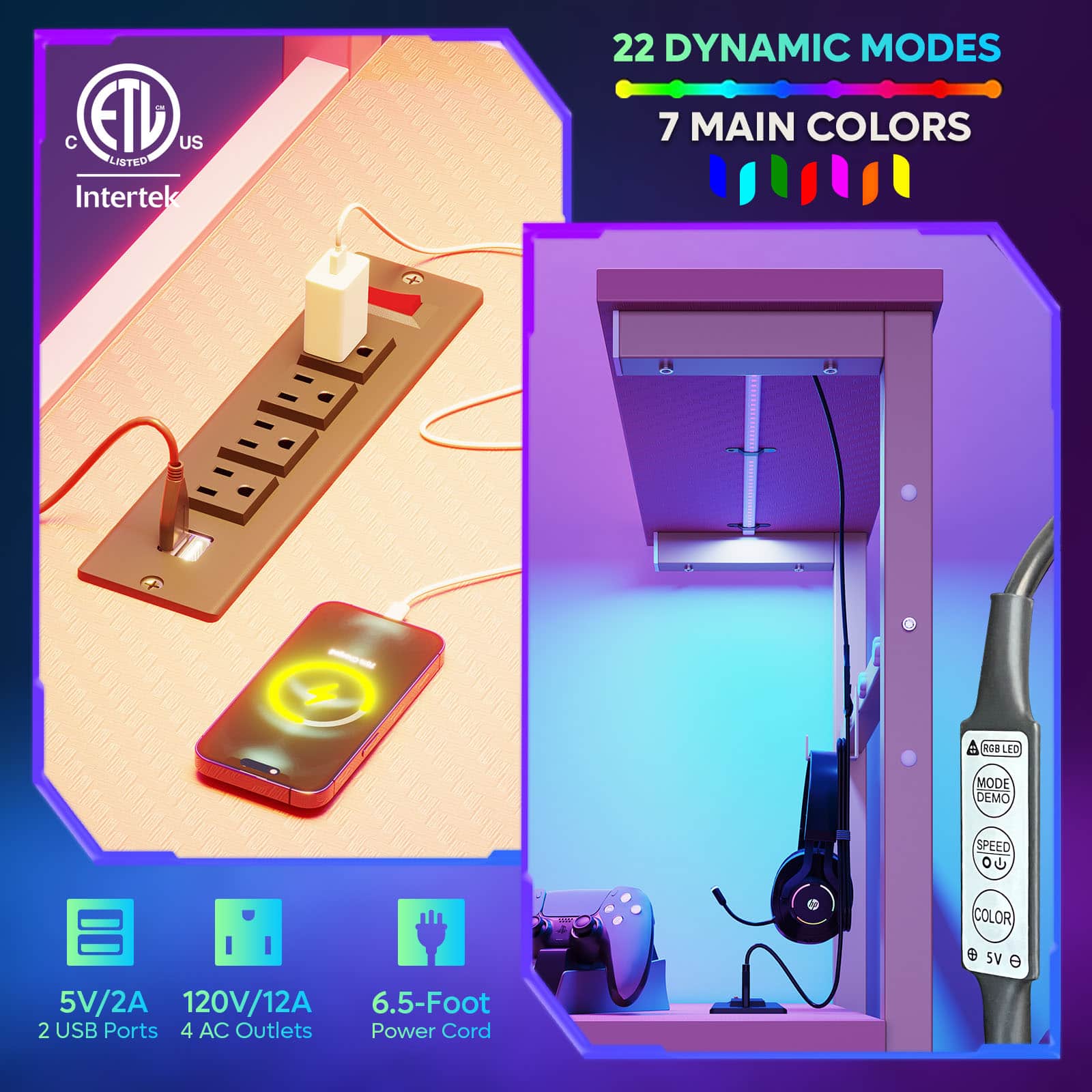 The text on the image is grouped and corrected as follows:
"22 Dynamic Modes, 7 Main Colors, Rub LED Mode Demo Speed, 5V/2A, 120V/12A, 6.5-Foot, 2 USB Ports, 4 AC Outlets, Power Cord."