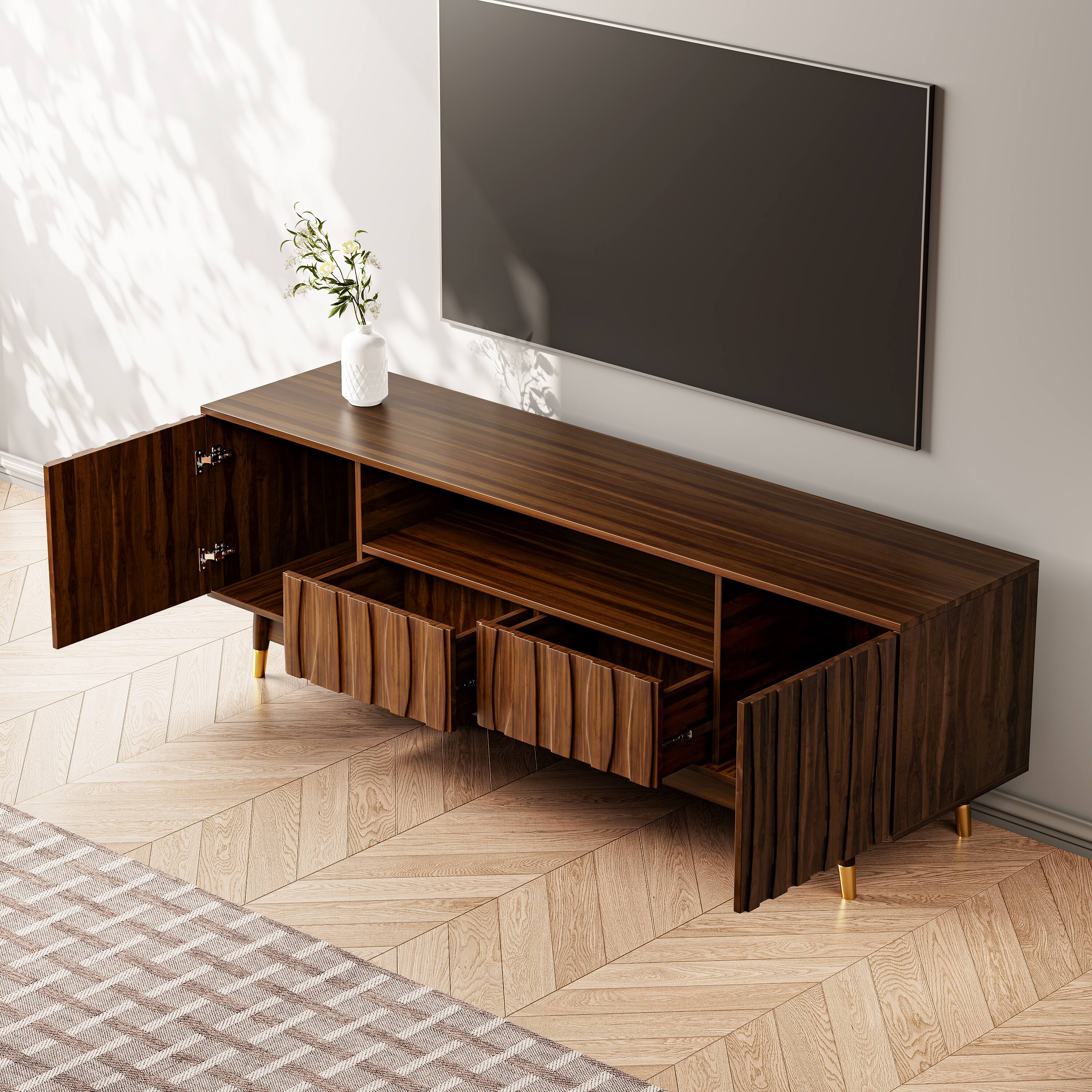 Alt View 2. MSOOB - 66.8" Wood TV Stand with Drawer and Cabinet for 75" TV, Mid Century Entertainment Center with Open Shelf for Living Room - Brown.