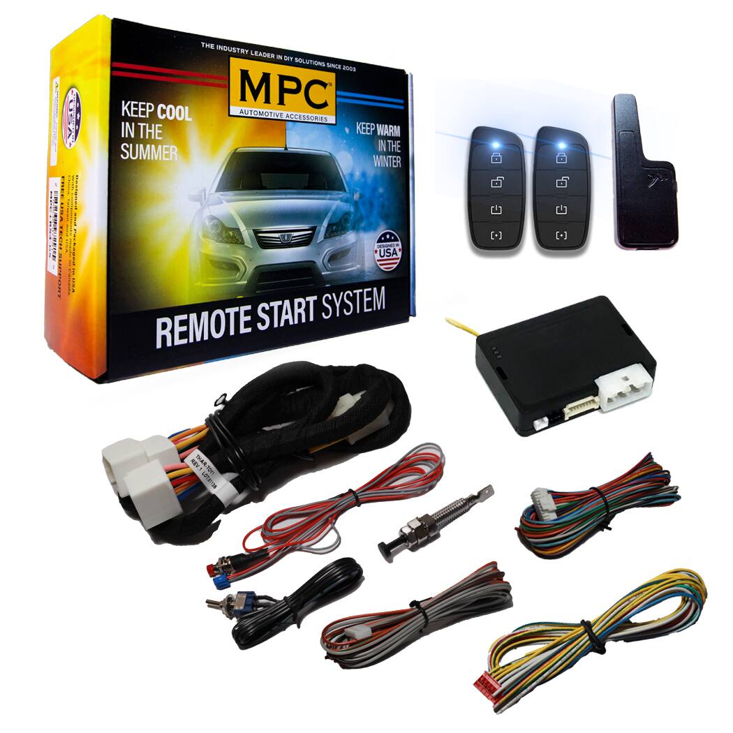 Sure, here is the corrected and grouped text from the image:

---

**MPC**  
AUTOMOTIVE ACCESSORIES

**THE INDUSTRY LEADER IN DIY SOLUTIONS SINCE 2008**

**KEEP COOL IN THE SUMMER**  
**KEEP WARM IN THE WINTER**

**REMOTE START SYSTEM**

**USA**

**REV1**  
**THARTOV**  
**TOF!**

---

This text is taken from the packaging and the components shown in the image.