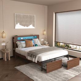 GOODSILO - Full Size Wooden Platform Bed Frame with Storage Drawers, LED Headboard, and Under Bed Storage Space - Brown