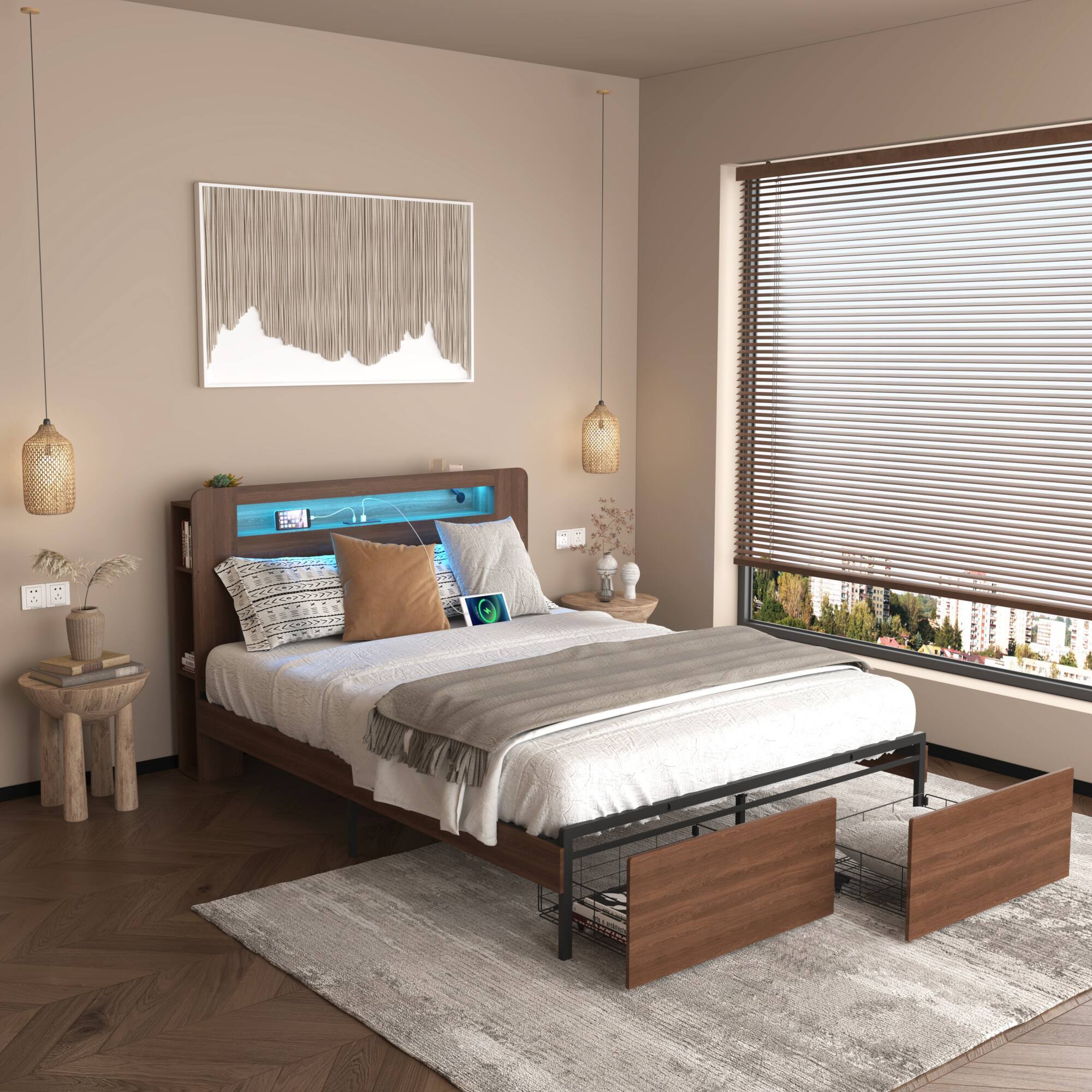 Front. GOODSILO - Full Size Wooden Platform Bed Frame with Storage Drawers, LED Headboard, and Under Bed Storage Space - Brown.