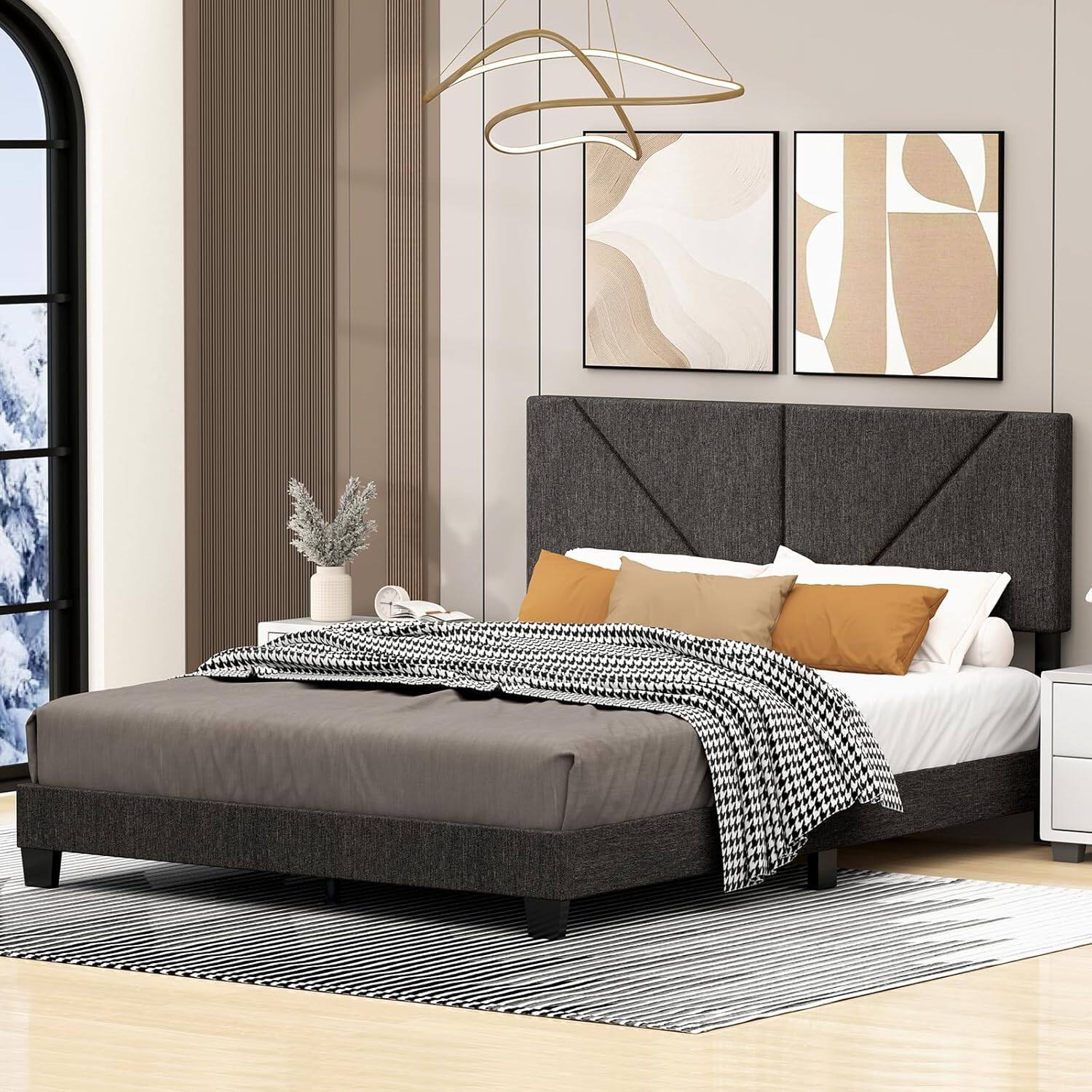 Front. Tiramisubest - Queen Platform Bed Frame,Adjustable Headboard,Linen Upholstered,Wood Slats Support,No Box Spring Needed (Grey Twill) - Grey.