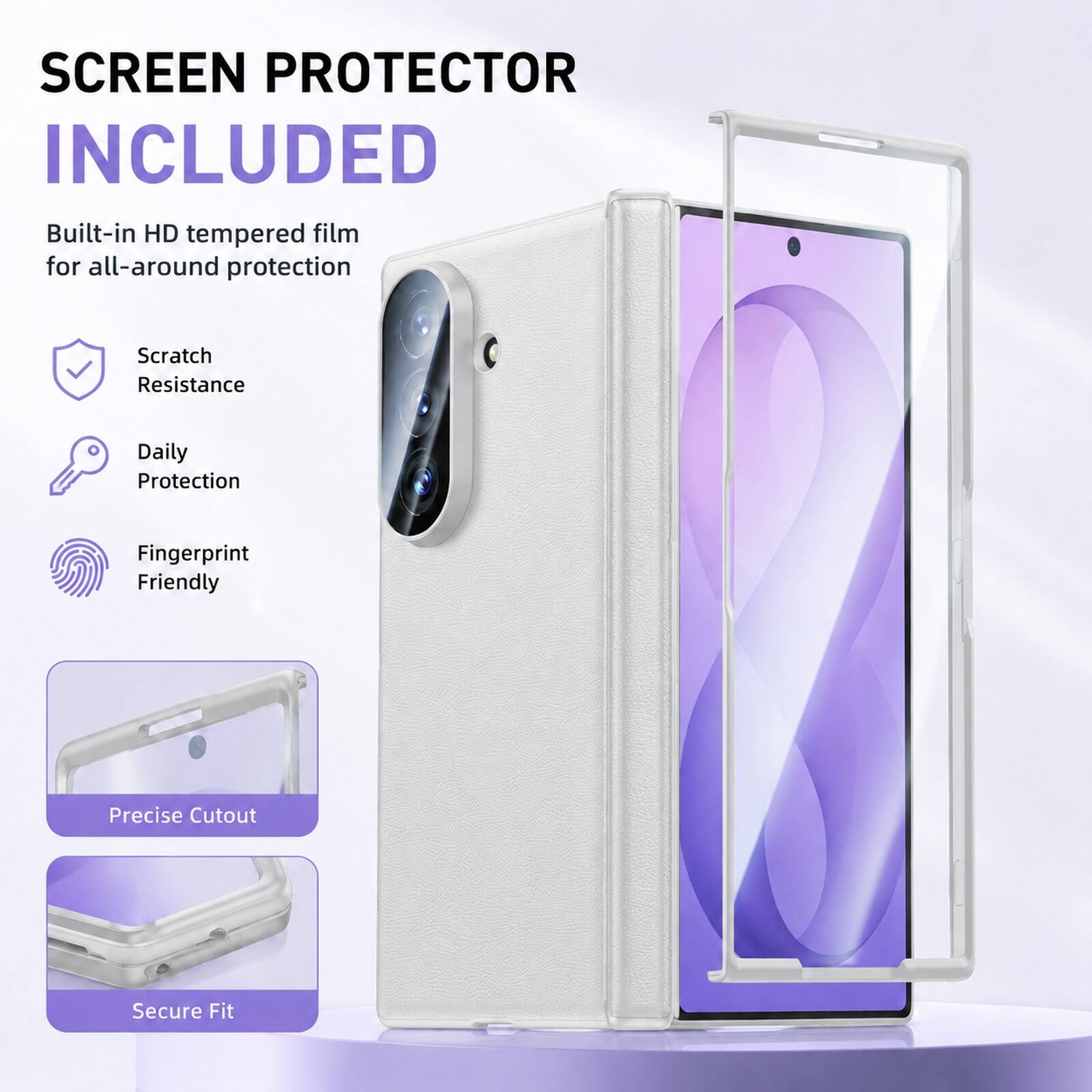 SCREEN PROTECTOR INCLUDED  
Built-in HD tempered film for all-around protection  
Scratch Resistance  
Daily Protection  
Fingerprint Friendly  
Precise Cutout  
Secure Fit