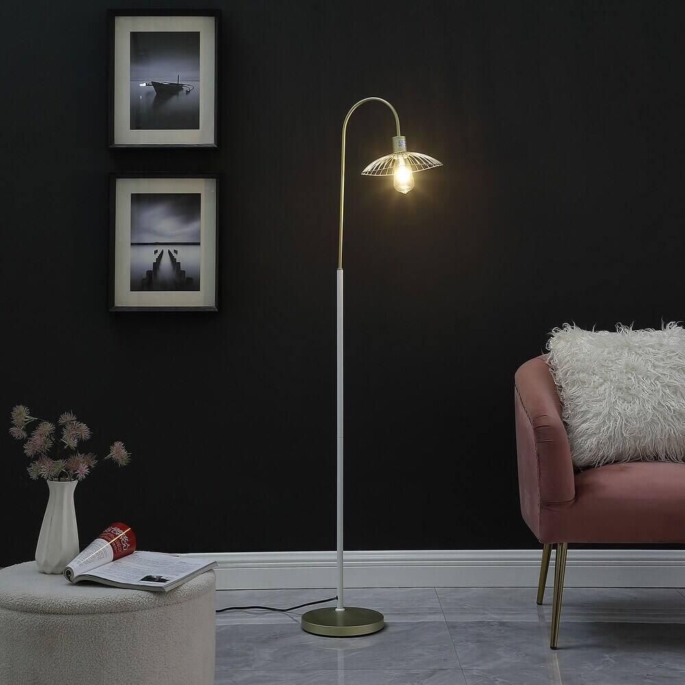 Angle. MOOSOO - 64.25" In Industrial Pendant Cage Satin Matte Gold/White Metal Floor Lamp - Gold.