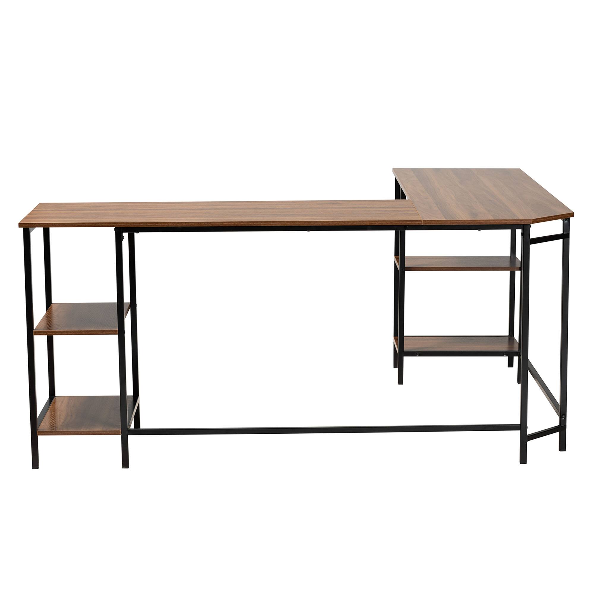 Back. Baxton Studio - Lydia Modern Finished Wood and Metal L-Shaped Corner Desk with Shelves - Walnut Brown/Black.