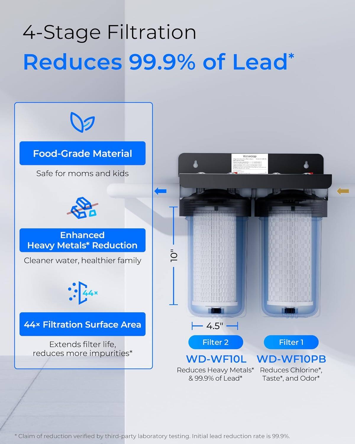 4-Stage Filtration Reduces 99.9% of Lead*  
Food-Grade Material  
Safe for moms and kids  
Enhanced Heavy Metals* Reduction  
Cleaner water, healthier family  

10"  
44x Filtration Surface Area  
4.5"  

Filter 2  
Filter 1  

WD-WF10L  
Reduces Heavy Metals* & 99.9% of Lead*  

WD-WF10PB  
Reduces Chlorine*, Taste*, and Odor*  

*Claim of reduction verified by third-party laboratory testing. Initial lead reduction rate is 99.9%.