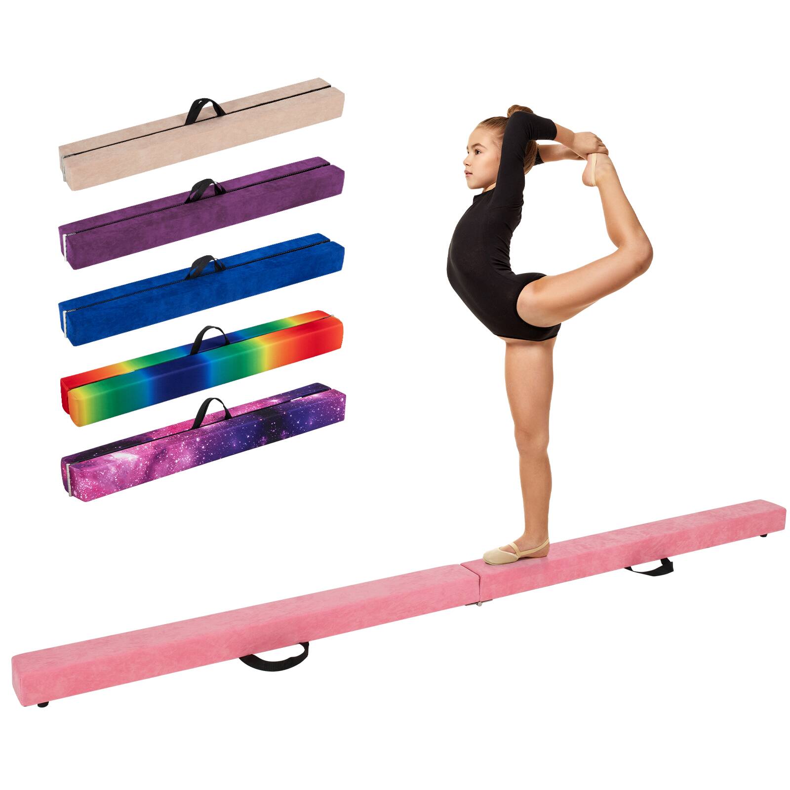 Left. SlickBlue - Folding Gymnastics Balance Beam with Anti-Slip Base and Pine Wood Frame - Pink.