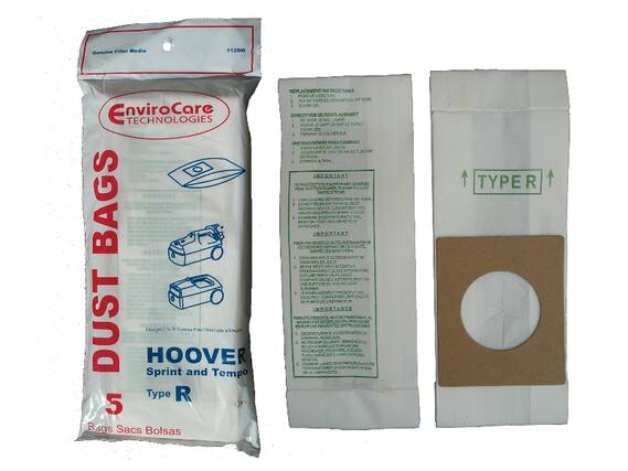**Genuine Filter Media**
**EnviroCare TECHNOLOGIES**
**DUST BAGS**
**5 Bags Sacs Bolsas**
**HOOVER Sprint and Tempo**
**Type R**
**1125W**
---
**REPLACEMENT INSTRUCTIONS**
1. **DO NOT CARBON COPY OR PHOTOCOPY.**
2. **REMOVE OLD BAG.**
3. **INSTALL NEW BAG.**
**DIRECTIVES DE REMPLACEMENT**
1. **NE PAS CARBON COPIER OU PHOTOCOPIER.**
2. **RETIRER L'ANCIEN SAC.**
3. **INSTALLER LE NOUVEAU SAC.**
**INSTRUCCIONES PARA CAMBIAR**
1. **NO CARBON COPIAR O FOTOCOPIAR.**
2. **QUITAR EL SACO ANTIGUO.**
3. **INSTALAR EL NUEVO SACO.**
**IMPORTANT**
**TO PROTECT YOUR MOTOR AND MAINTAIN MAXIMUM SUCTION POWER, PLEASE FOLLOW INSTRUCTIONS.**
**IMPORTANT**
**POUR PROTÉGER LE MOTEUR ET MAINTENIR LA PUISSANCE D'ASPIRATION MAX