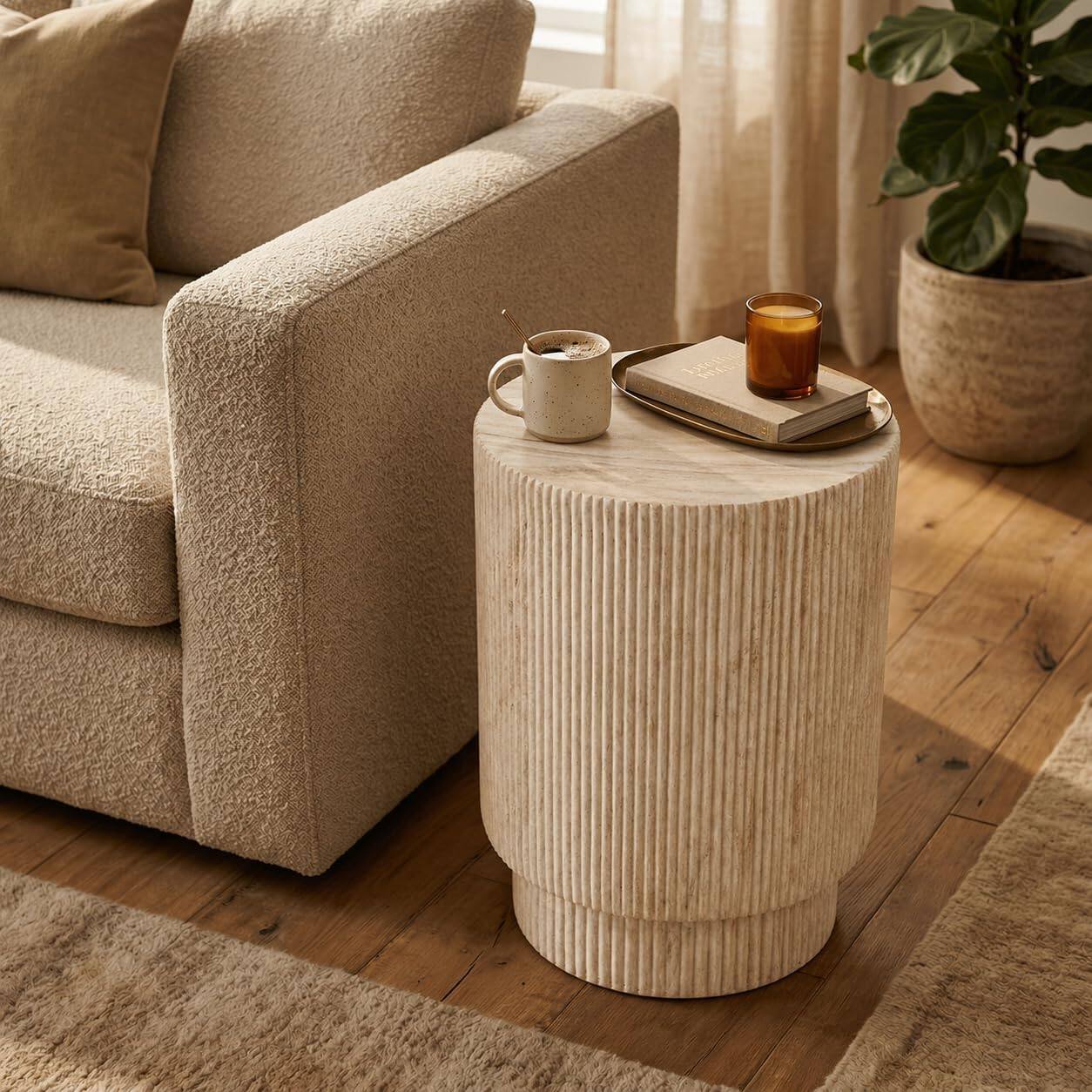 Left. LeisureMod - Eden Modern Stone Top Round Side Table, Indoor/Outdoor Weather Resistant Accent Table, Fully Assembled - Light Grey.