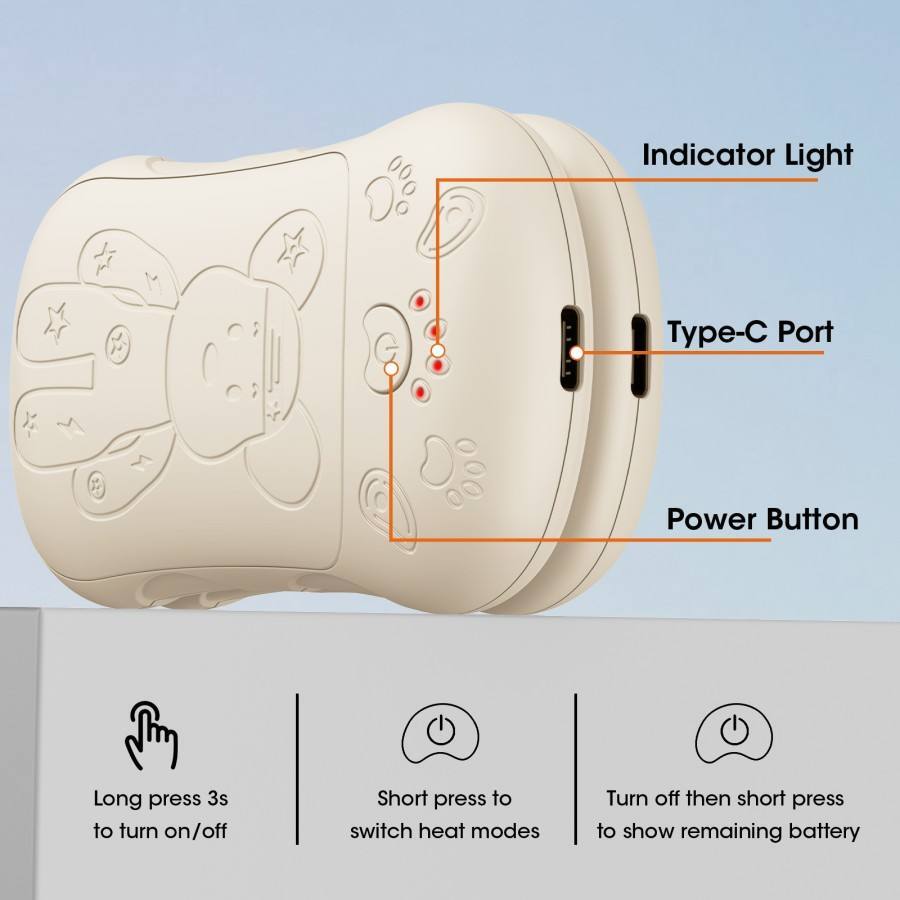 Indicator Light  
Type-C Port  
Power Button  
Long press 3s to turn on/off  
Short press to switch heat modes  
Turn off then short press to show remaining battery