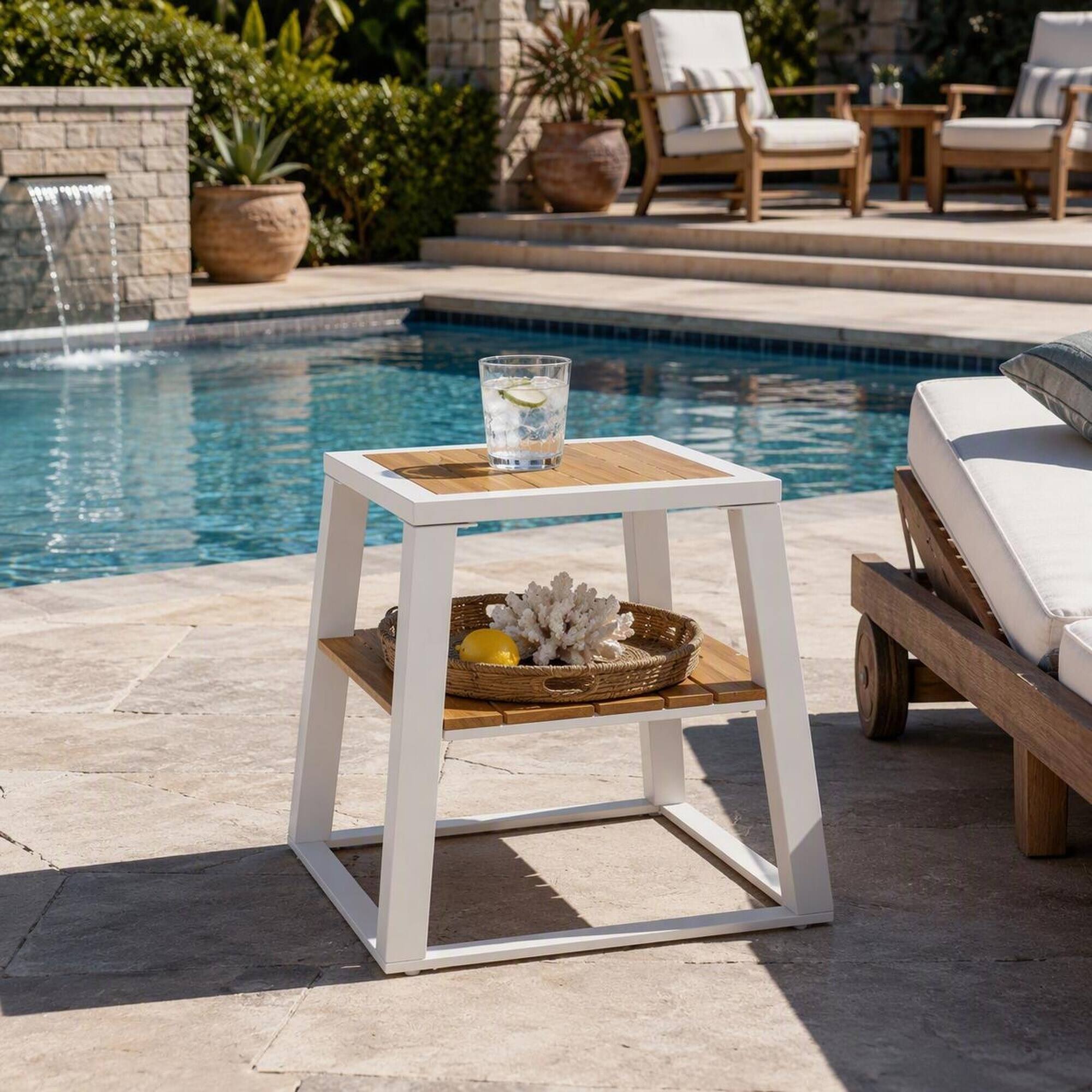 Alt View 1. RYHNUYNE - 2-Tier Acacia Wood Outdoor Side Table With White Iron Frame, Weather-Resistant Patio End Table With Storage Shelf - White.