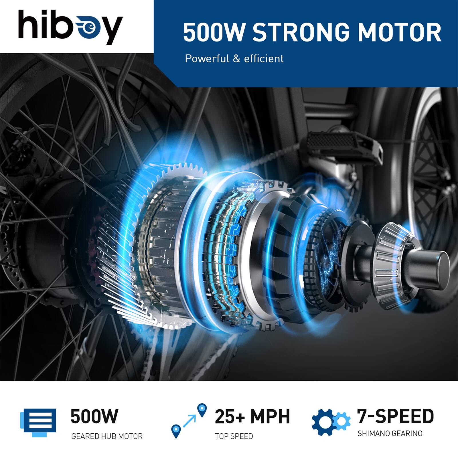 hiboy 500W STRONG MOTOR Powerful & efficient (500W 25+ MPH 7-SPEED GEARED HUB MOTOR TOP SPEED SHIMANO GEARING)