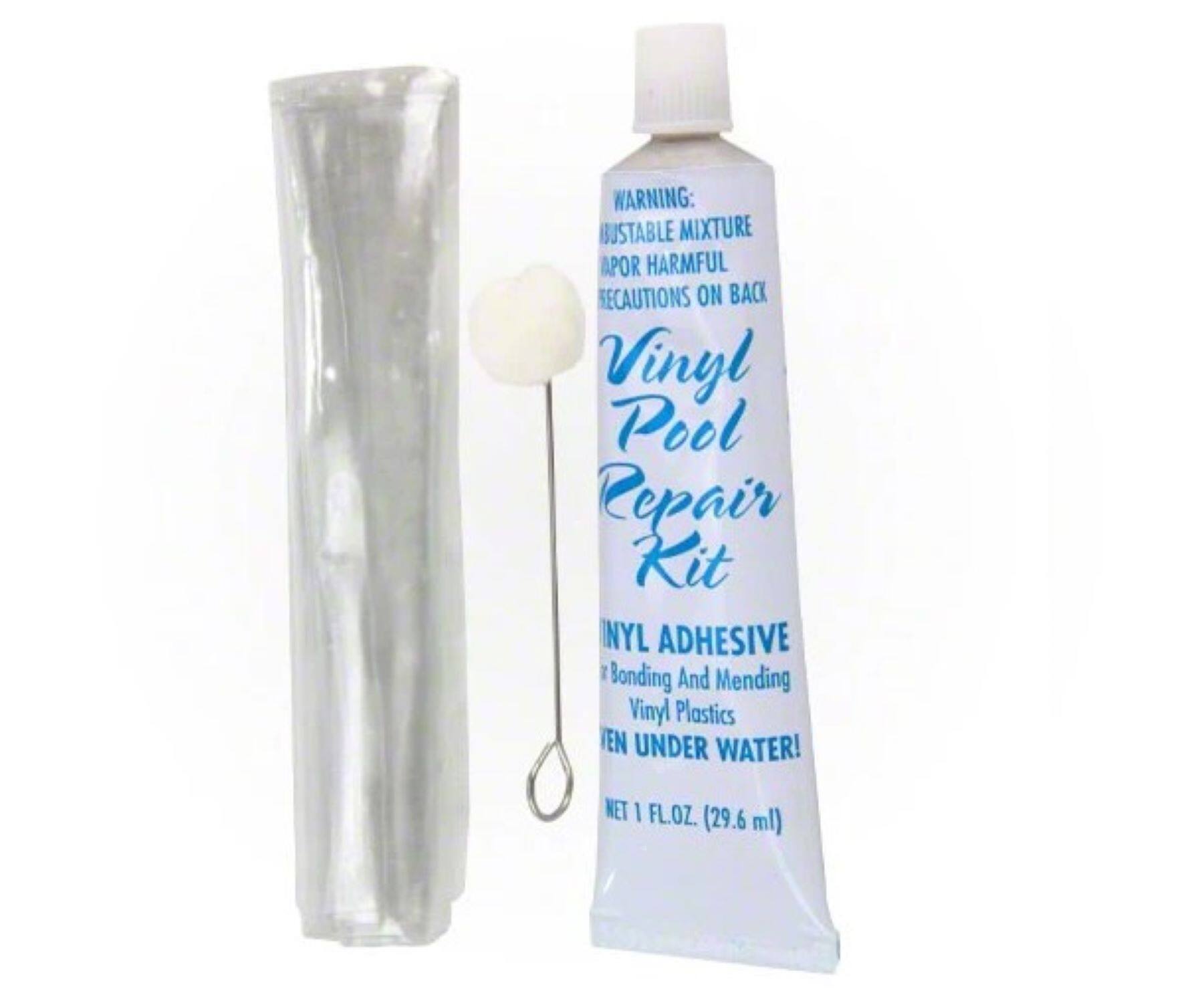 WARNING: BUSTABLE MIXTURE APOR HARMFUL RECAUTIONS ON BACK

Vinyl Pool Repair Kit

NYL ADHESIVE
Bonding And Mending Vinyl Plastics
VEN UNDER WATER!

NET 1 FL.OZ. (29.6 ml)