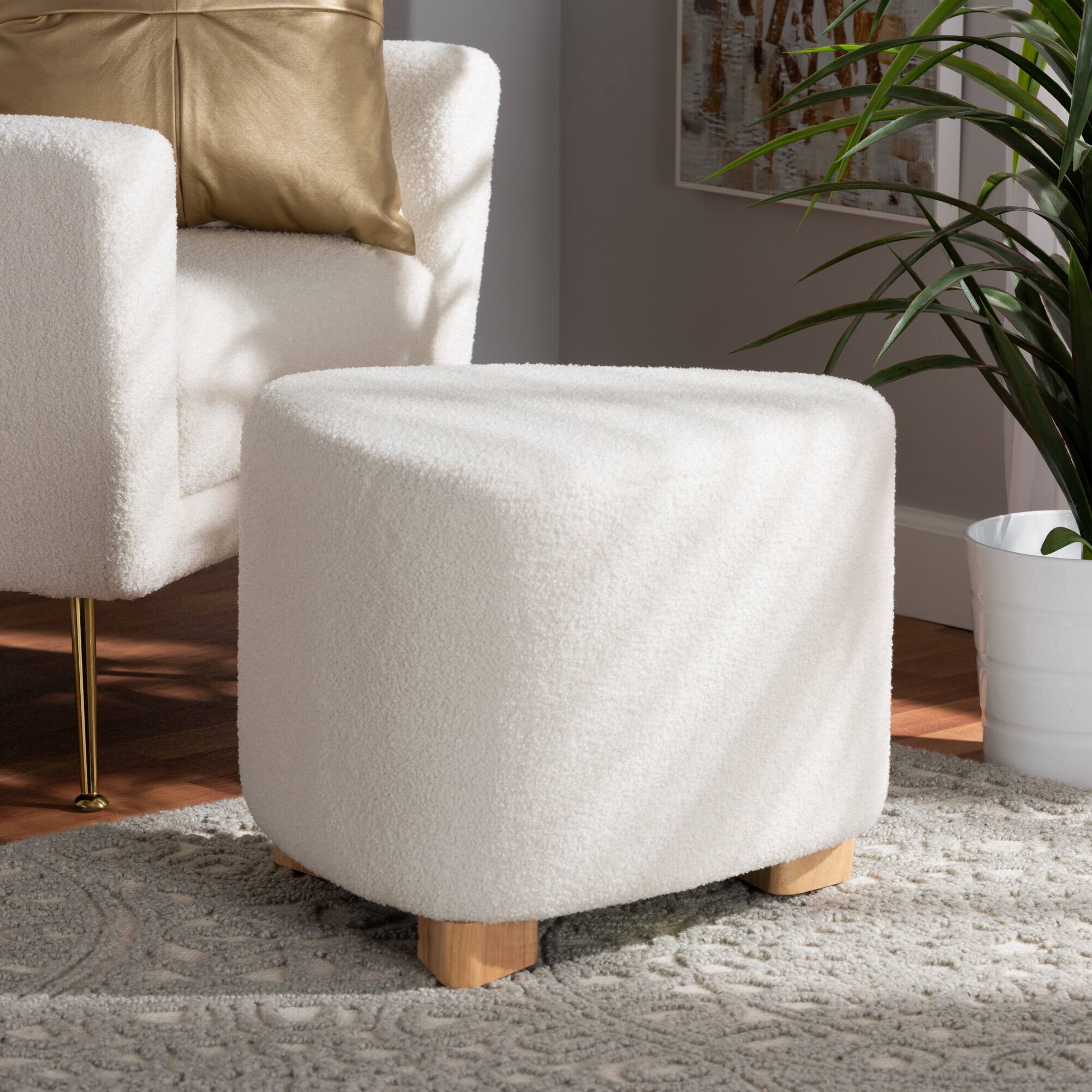 Alt View 2. Baxton Studio - Brielle Modern and Contemporary Boucle Upholstered and Natural Brown Finished Wood Ottoman - Ivory.
