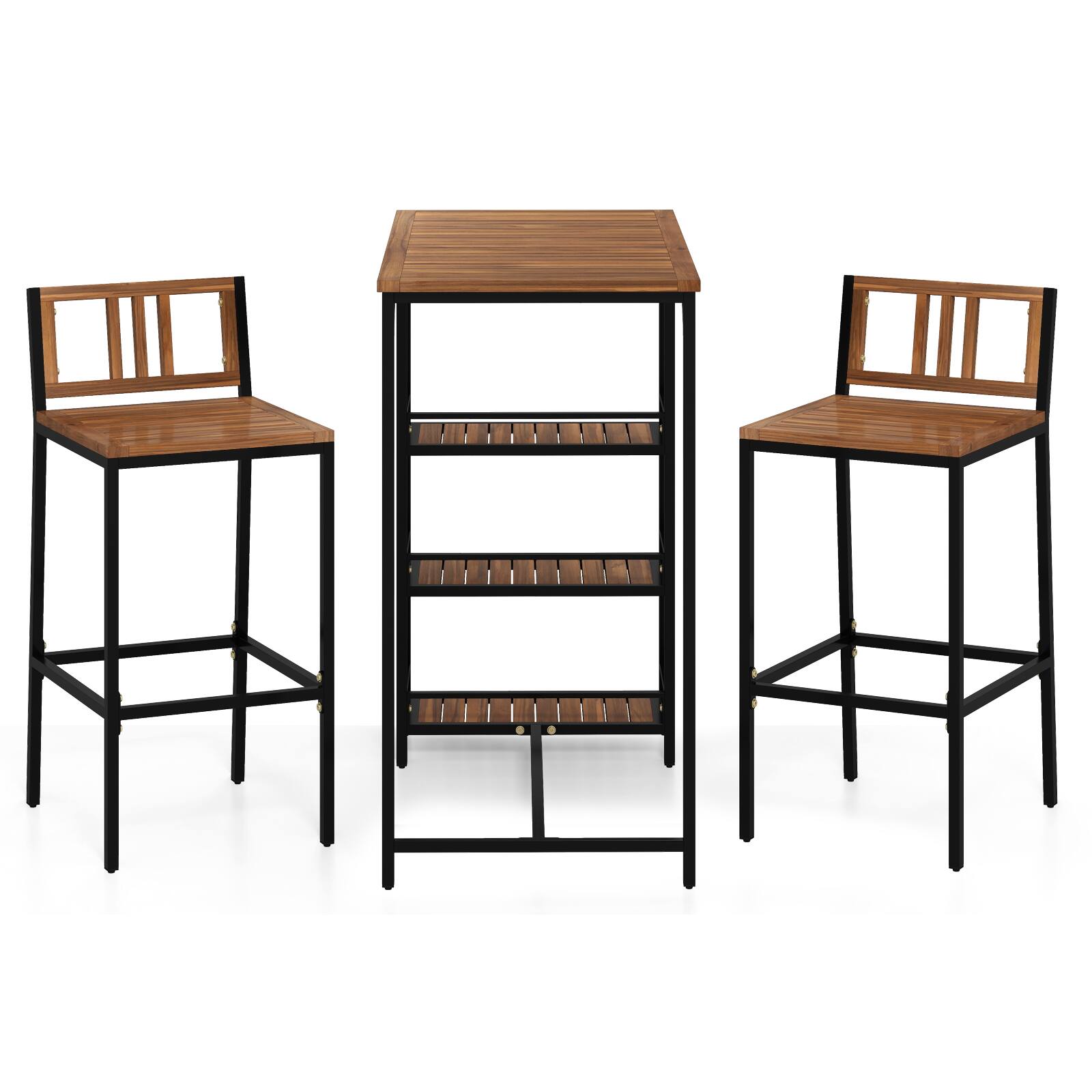 Alt View 9. Gymax - Gymax 3 Pieces Outdoor Wood Bar Set w/ 3-Tier Storage Shelf & Metal Frame for Backyard - Black, Natural.